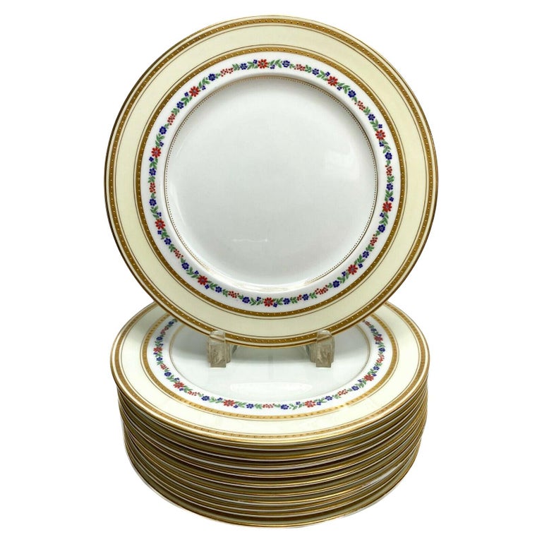 12 English Jones Crescent Dinner Plates w/ Enamel Flower Band