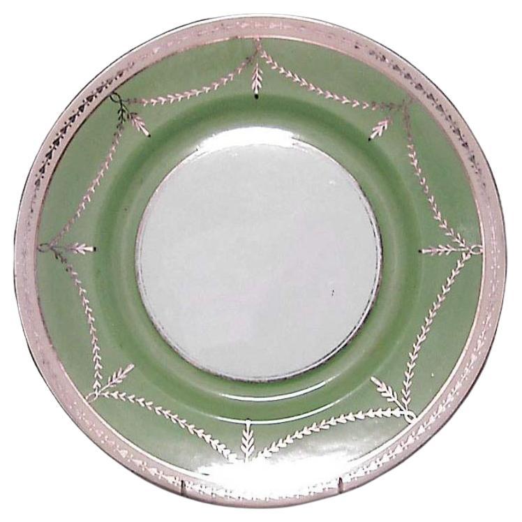 12 platos llanos ingleses de porcelana verde y blanca con diseño de guirnaldas doradas