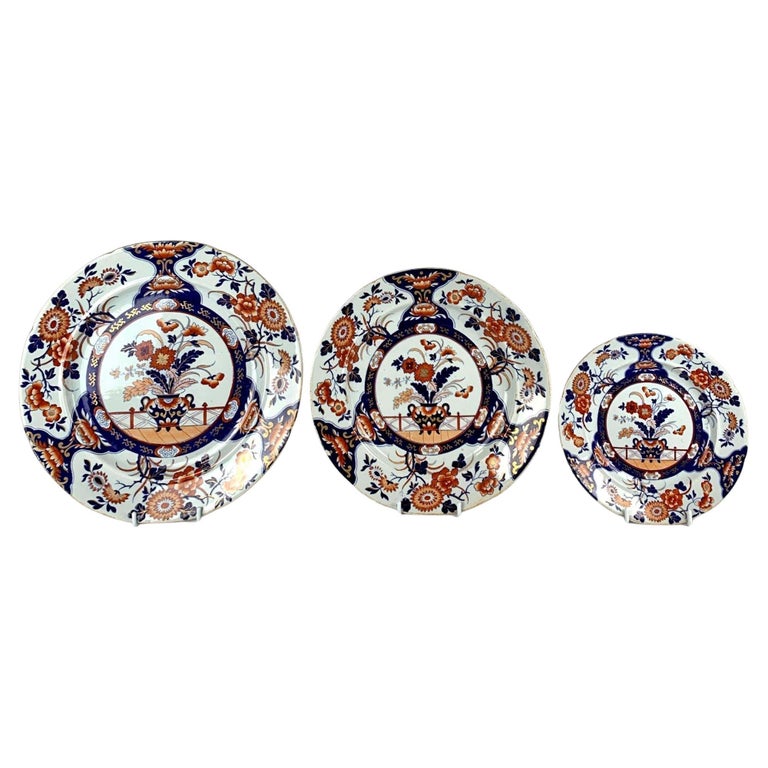 12 English Imari Dinner Plates with Matching Salad, Bread and Butter