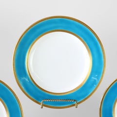 12 English Spode Copeland Porcelain Turquoise & Gold Trimmed Plates c1900