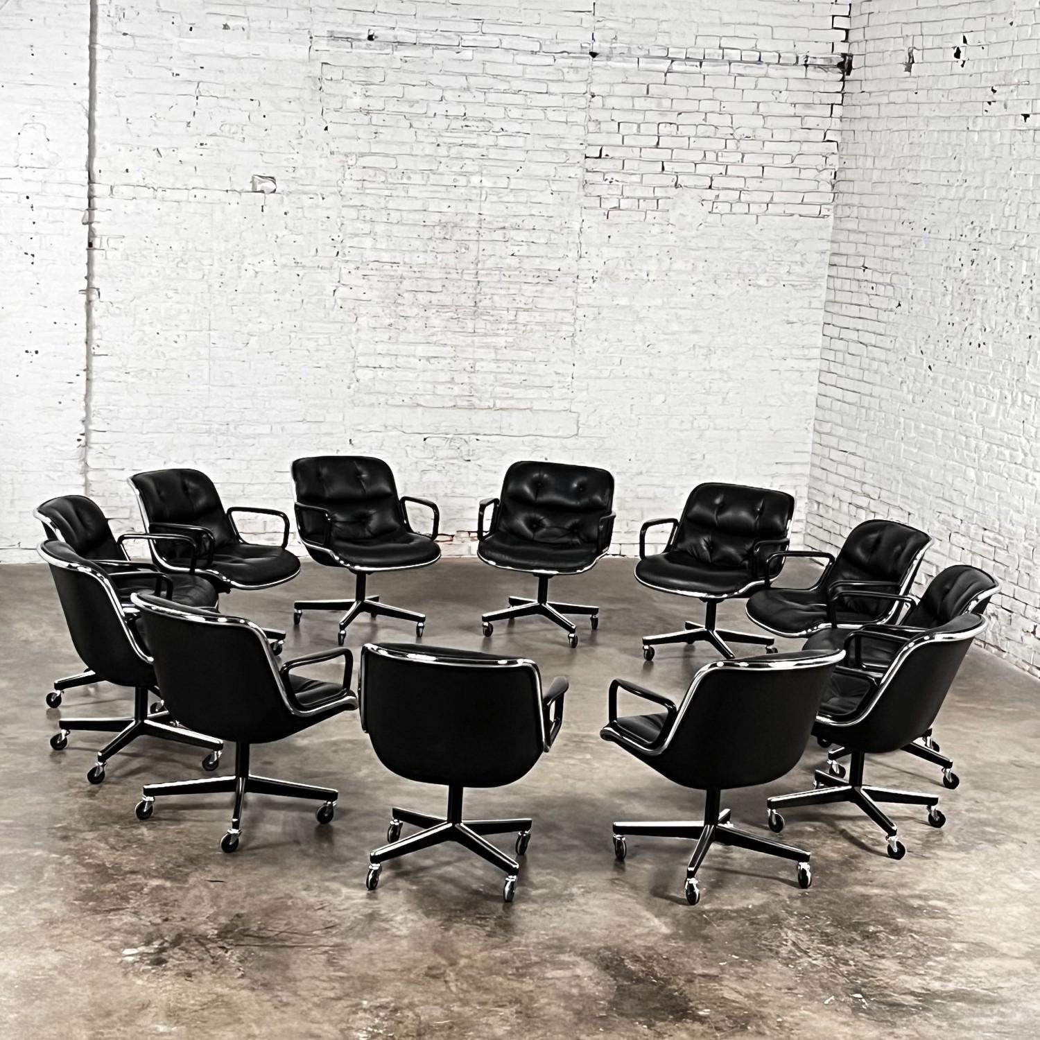Mid-Century Modern 12 Executive Armchairs by Charles Pollock for Knoll Black Leather & 4 Prong Base For Sale