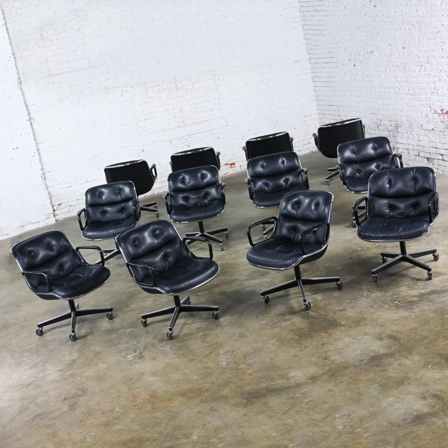 American 12 Executive Armchairs by Charles Pollock for Knoll Black Leather & 4 Prong Base For Sale
