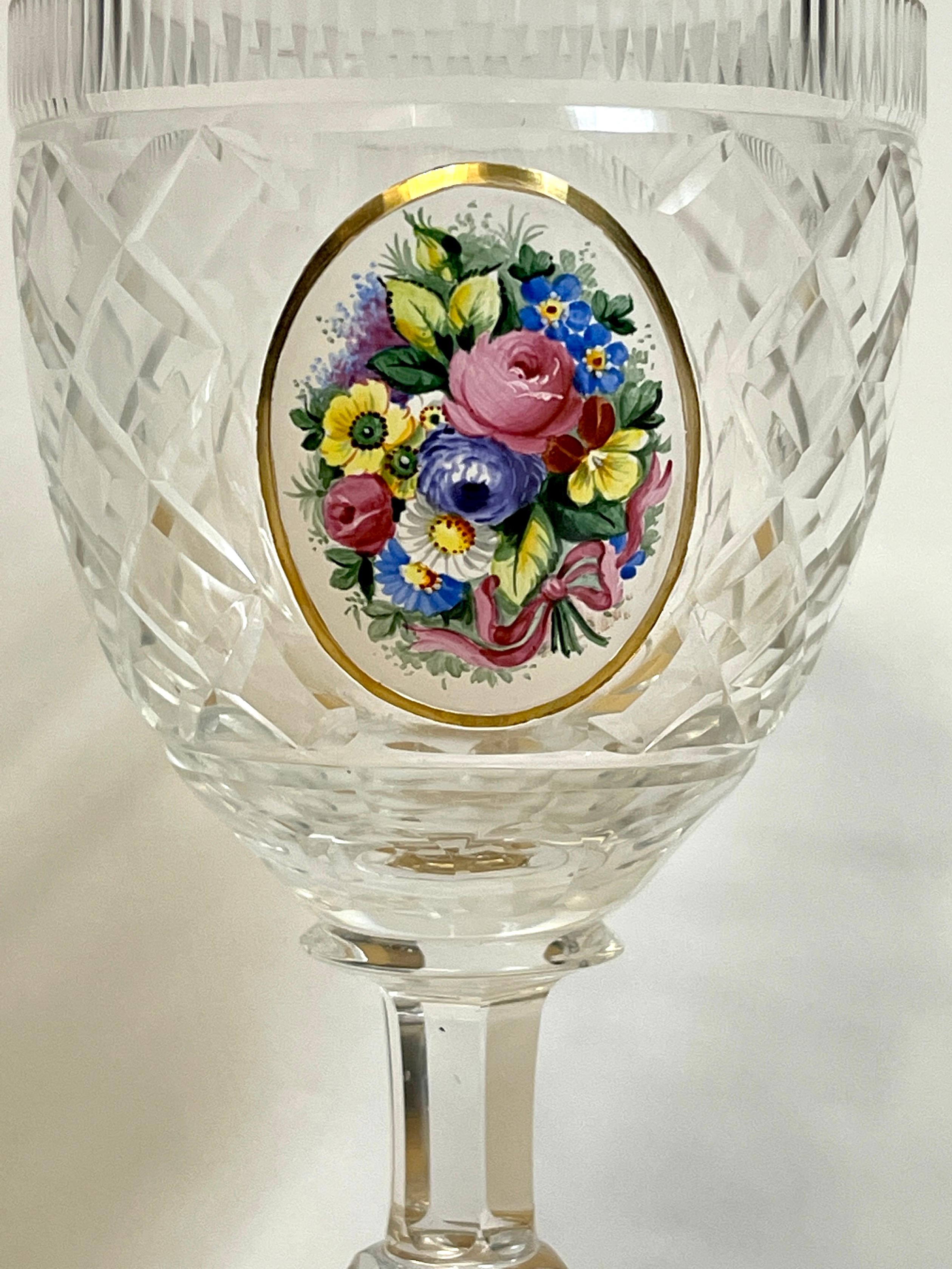 12 Exquisite Moser Floral Enameled Cut to Clear Enamel Water/Wine Goblets For Sale 3