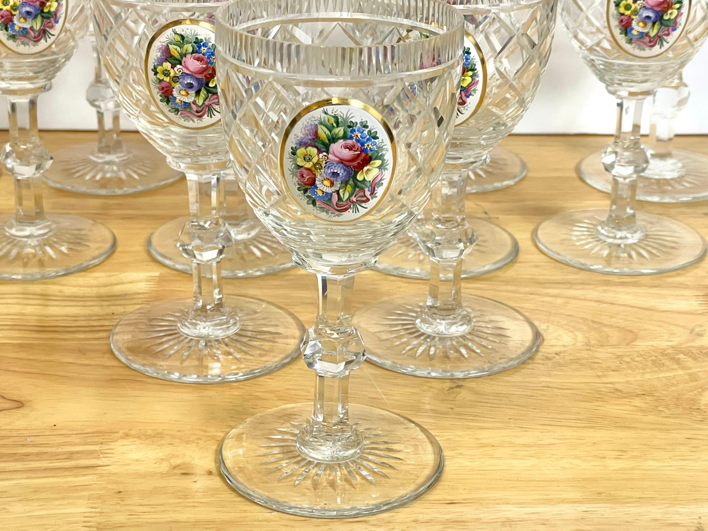 Czech 12 Exquisite Moser Floral Enameled Cut to Clear Enamel Water/Wine Goblets For Sale