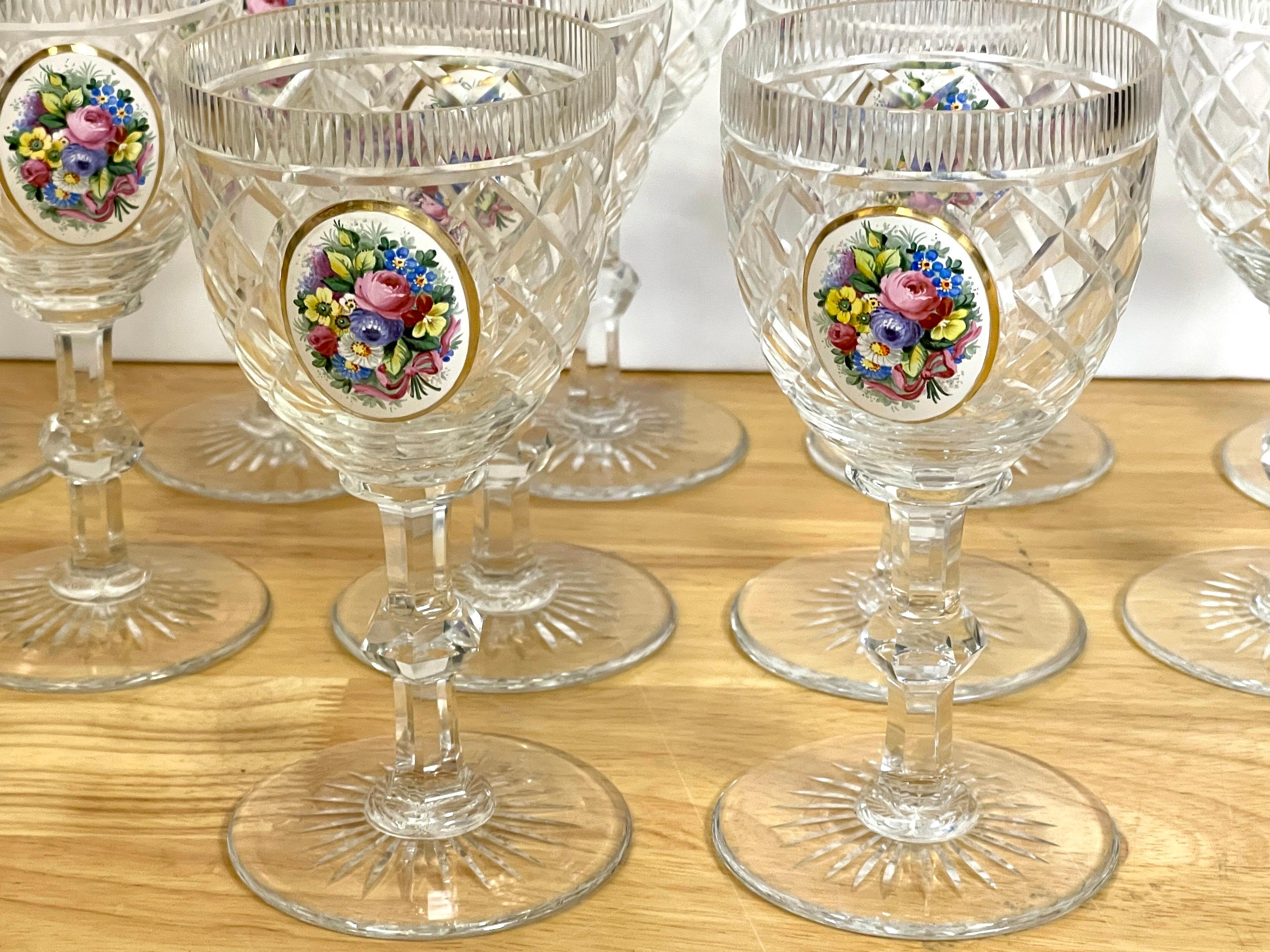 12 Exquisite Moser Floral Enameled Cut to Clear Enamel Water/Wine Goblets In Good Condition For Sale In West Palm Beach, FL