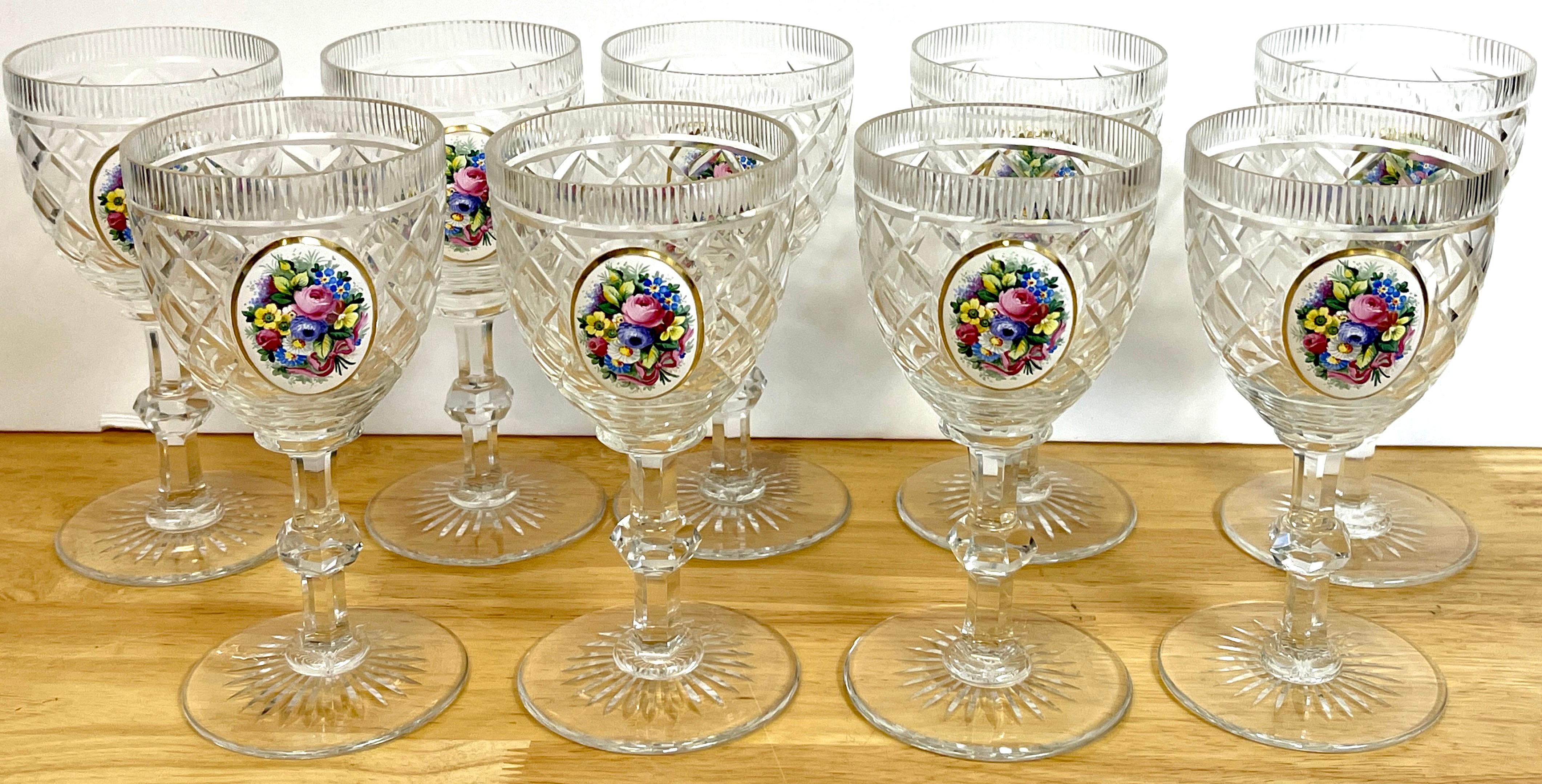12 Exquisite Moser Floral Enameled Cut to Clear Enamel Water/Wine Goblets In Good Condition For Sale In West Palm Beach, FL