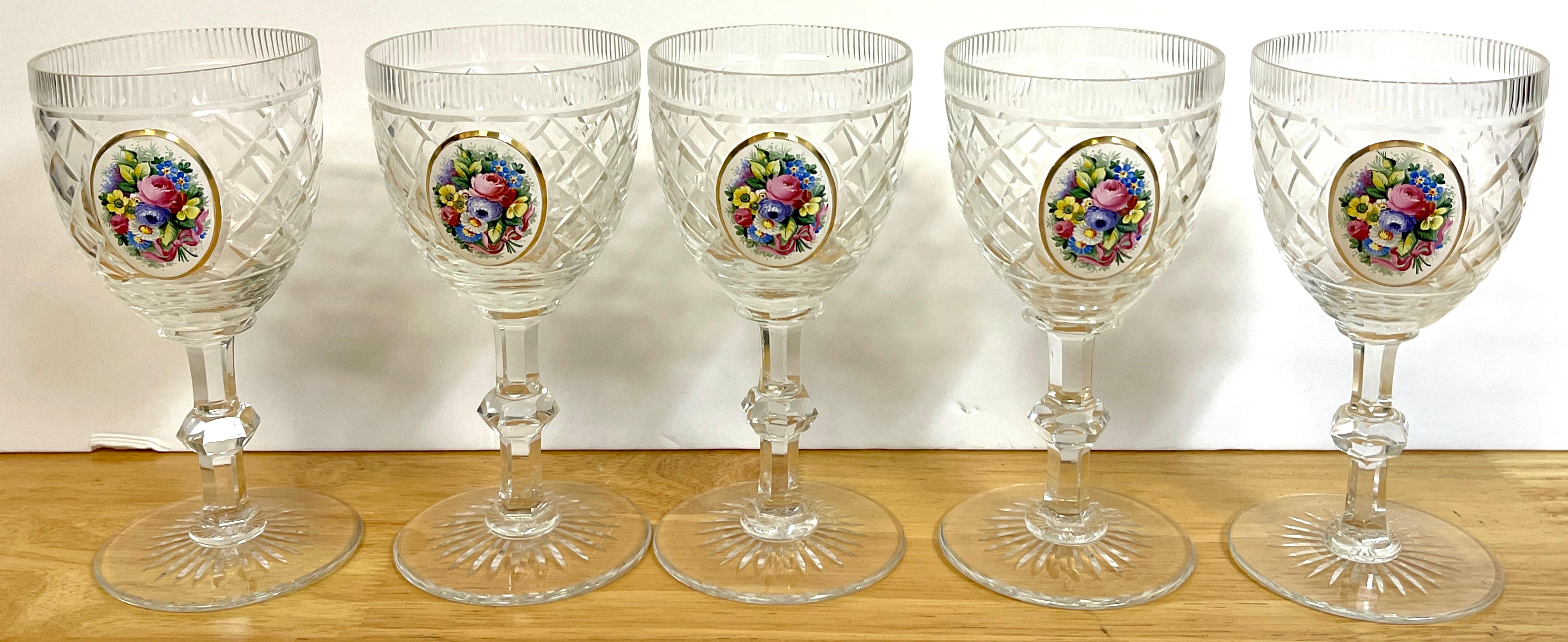 20th Century 12 Exquisite Moser Floral Enameled Cut to Clear Enamel Water/Wine Goblets For Sale