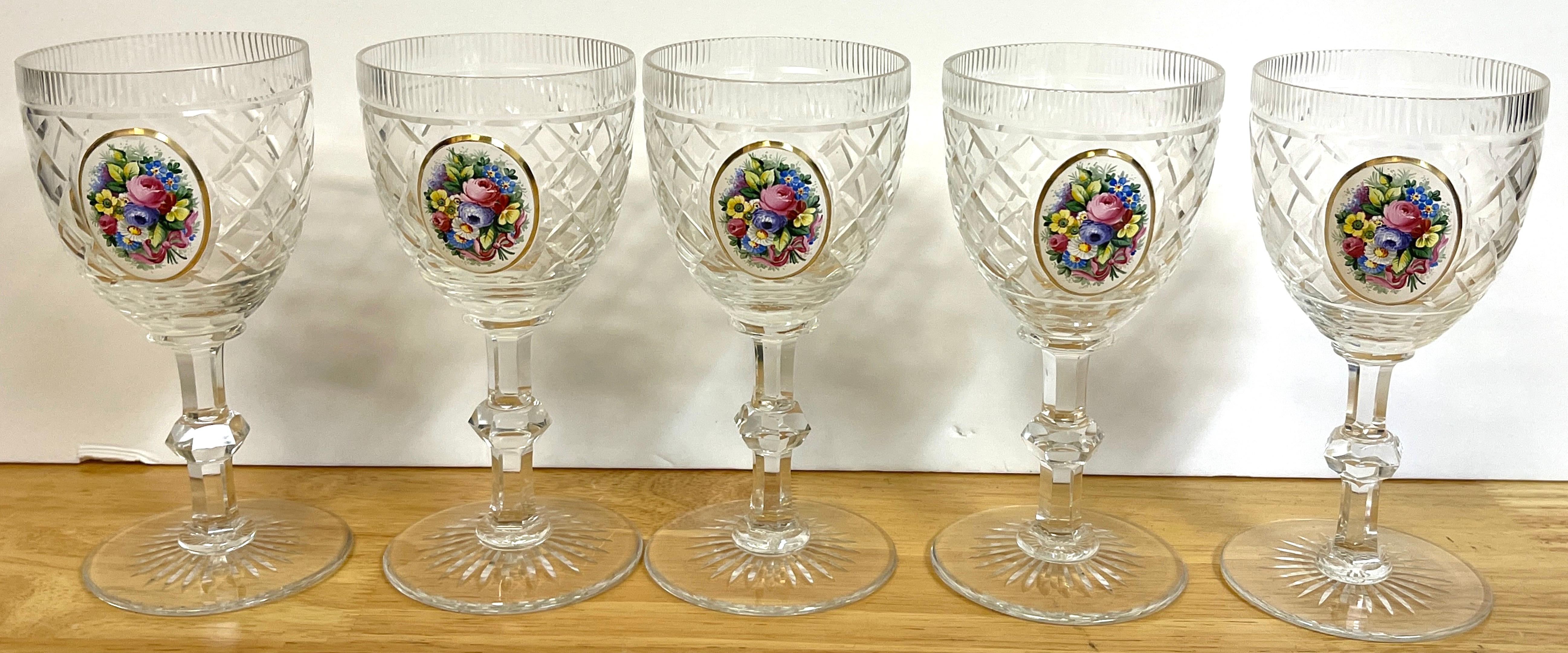 Crystal 12 Exquisite Moser Floral Enameled Cut to Clear Enamel Water/Wine Goblets For Sale