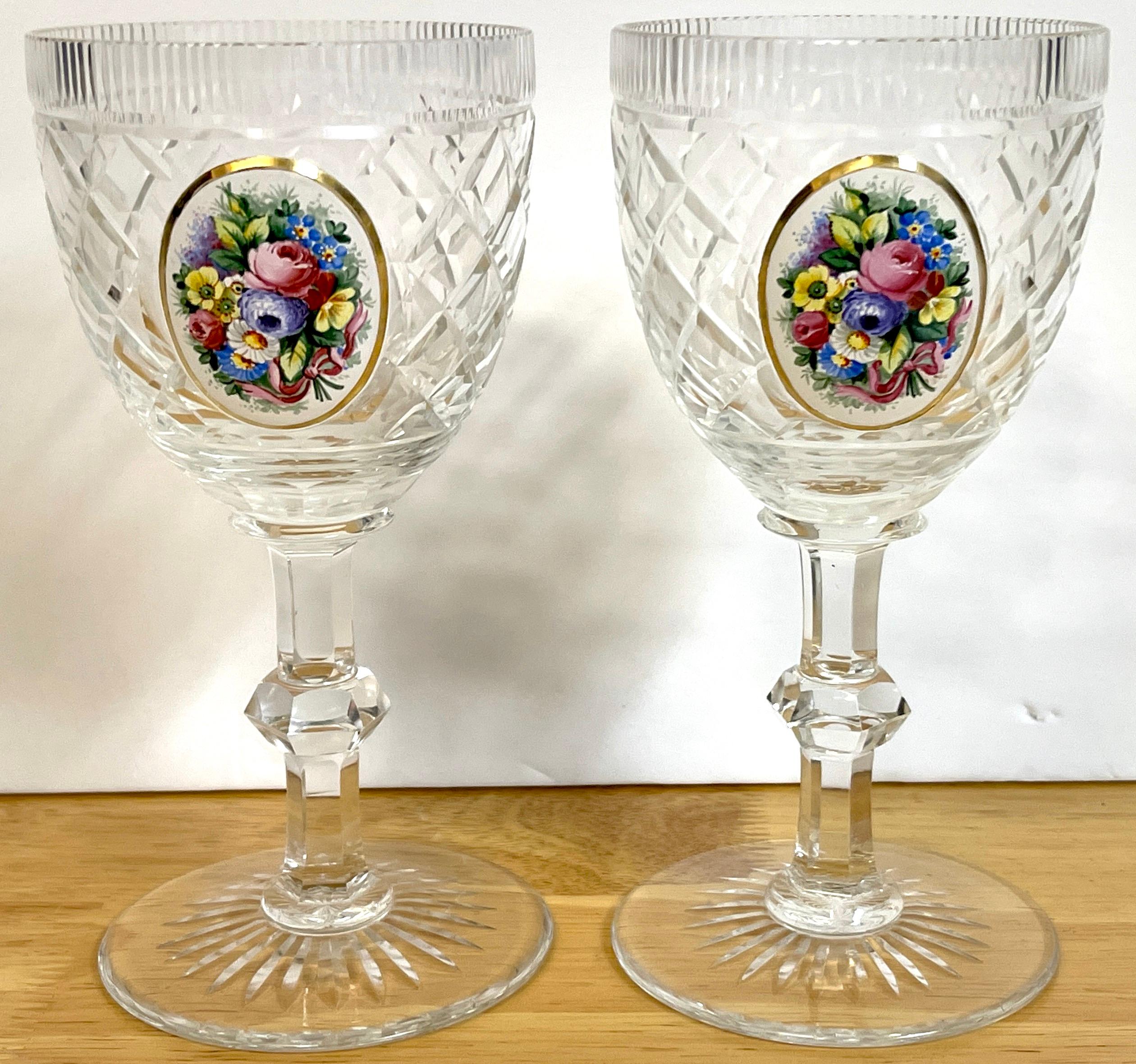 12 Exquisite Moser Floral Enameled Cut to Clear Enamel Water/Wine Goblets For Sale 1