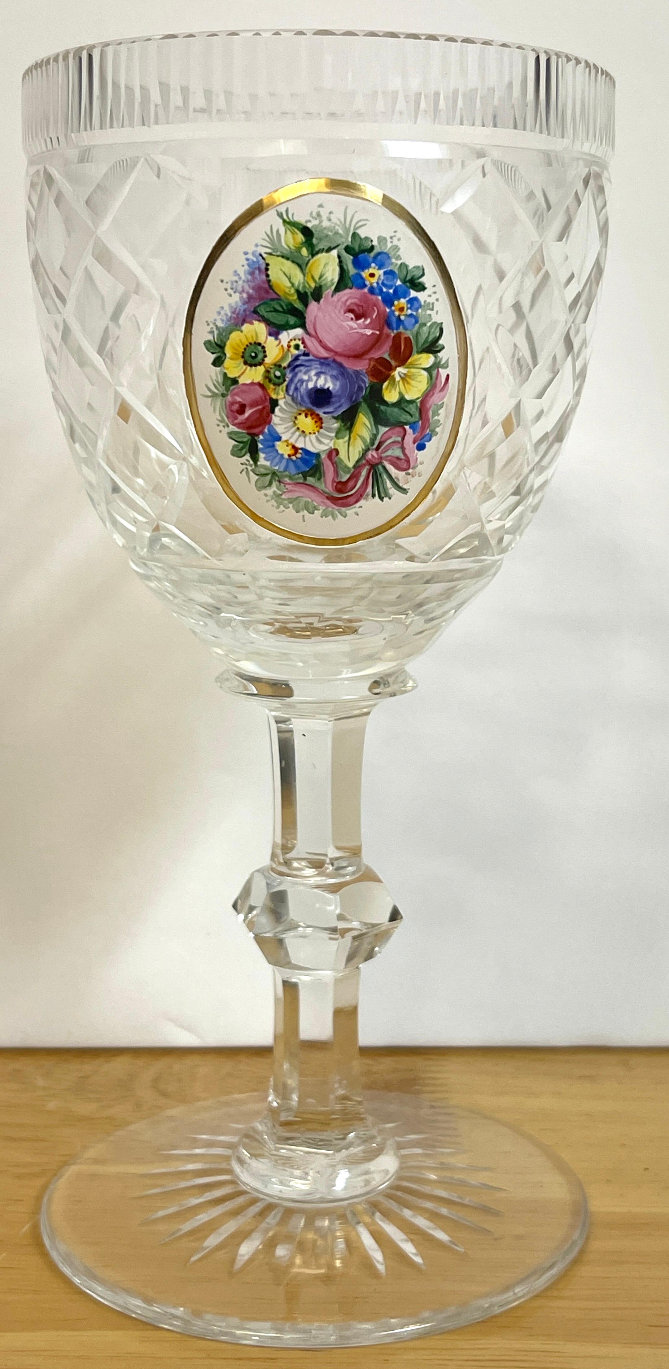 12 Exquisite Moser Floral Enameled Cut to Clear Enamel Water/Wine Goblets For Sale 2