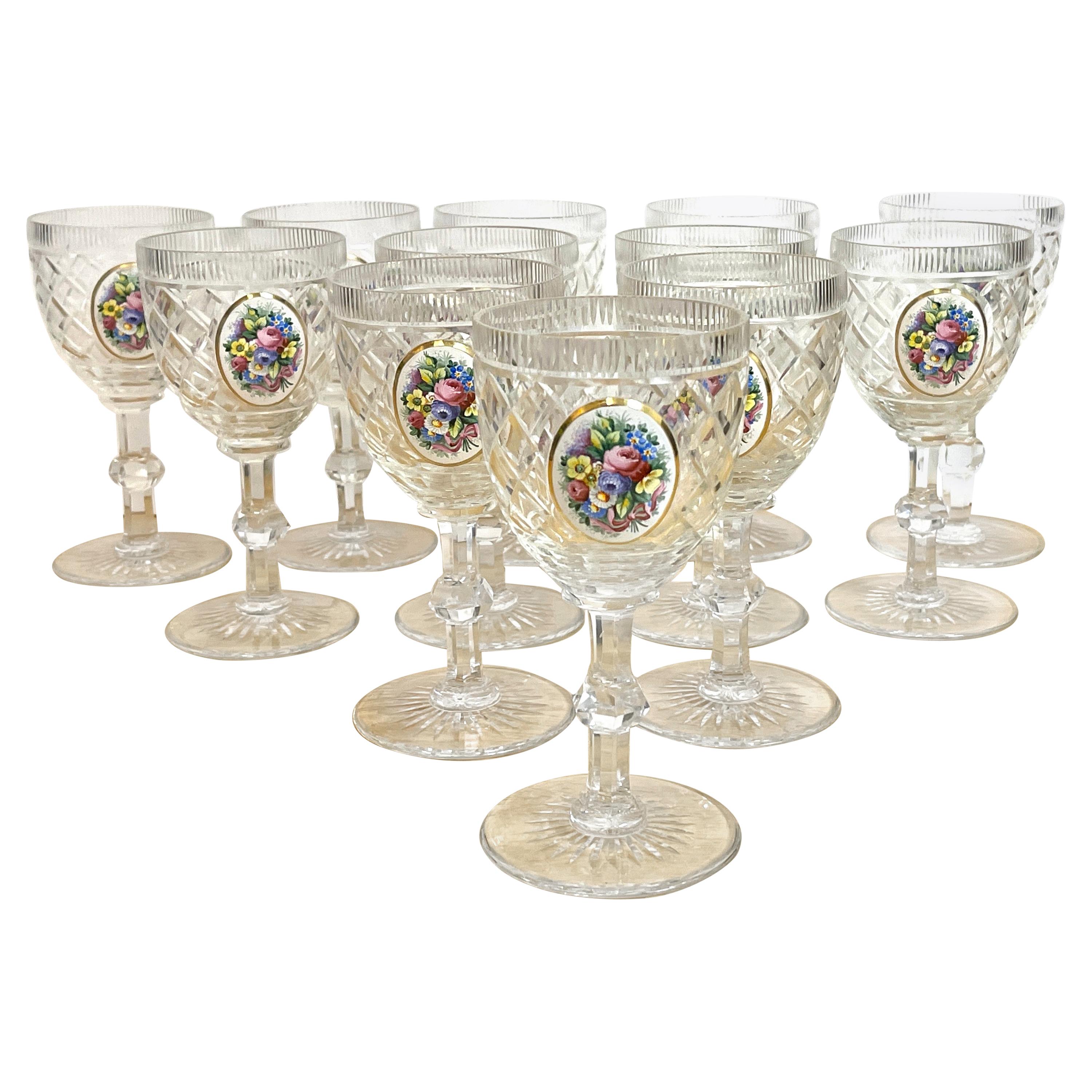12 Exquisite Moser Floral Enameled Cut to Clear Enamel Water/Wine Goblets For Sale