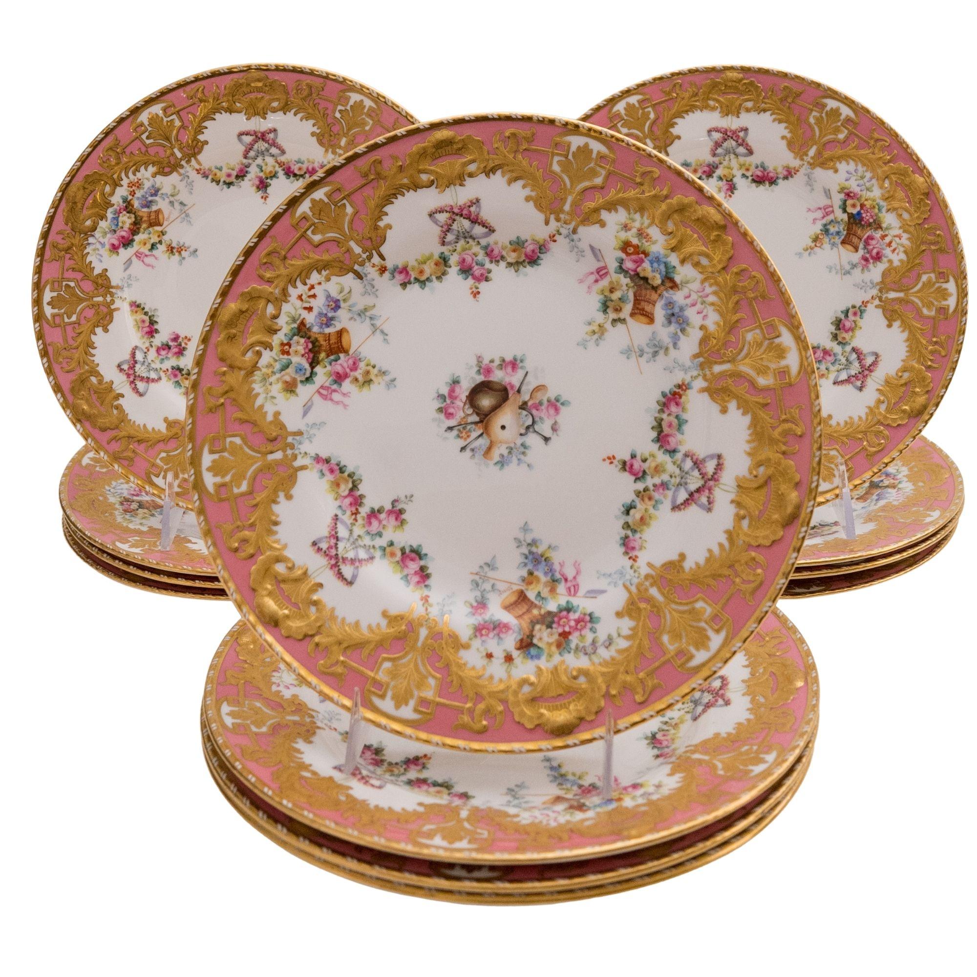 12 Exquisite Pink & Raised Gilt Dessert Plates. Antique English, Circa 1890 2