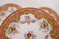 12 Exquisite Pink & Raised Gilt Dessert Plates. Antique English, Circa 1890