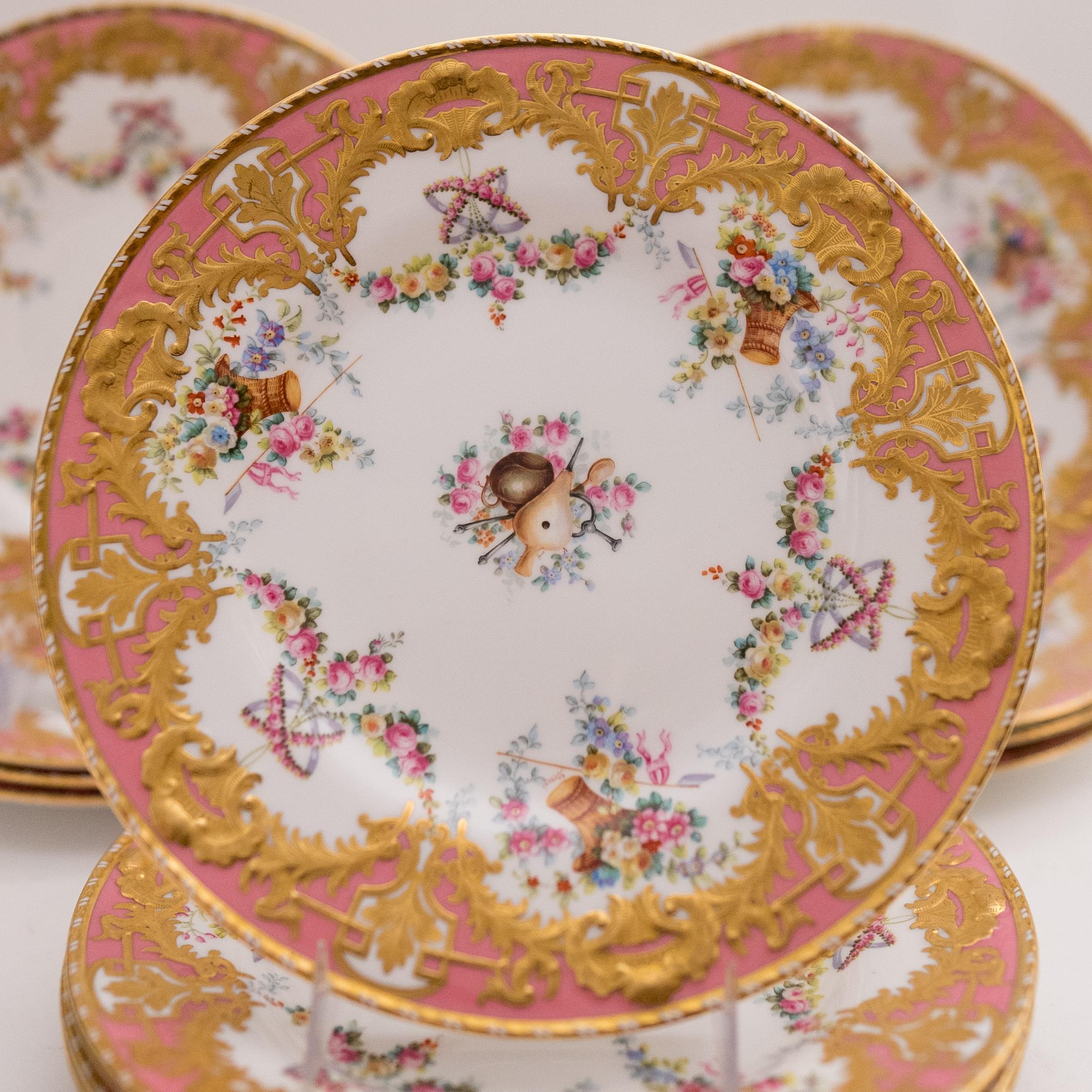 British 12 Exquisite Pink & Raised Gilt Dessert Plates. Antique English, Circa 1890