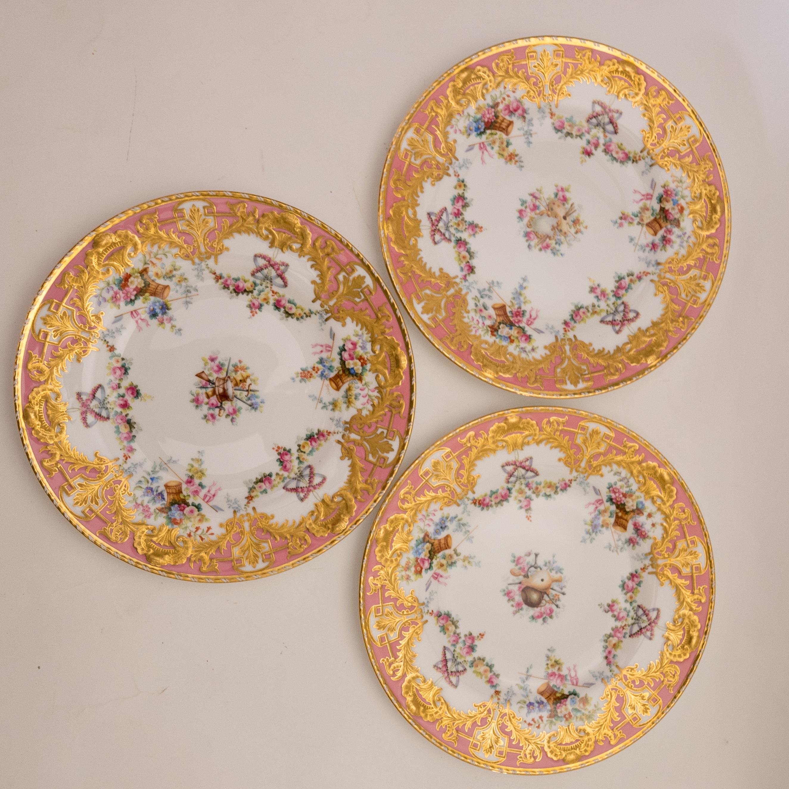 12 Exquisite Pink & Raised Gilt Dessert Plates. Antique English, Circa 1890 In Good Condition In West Palm Beach, FL