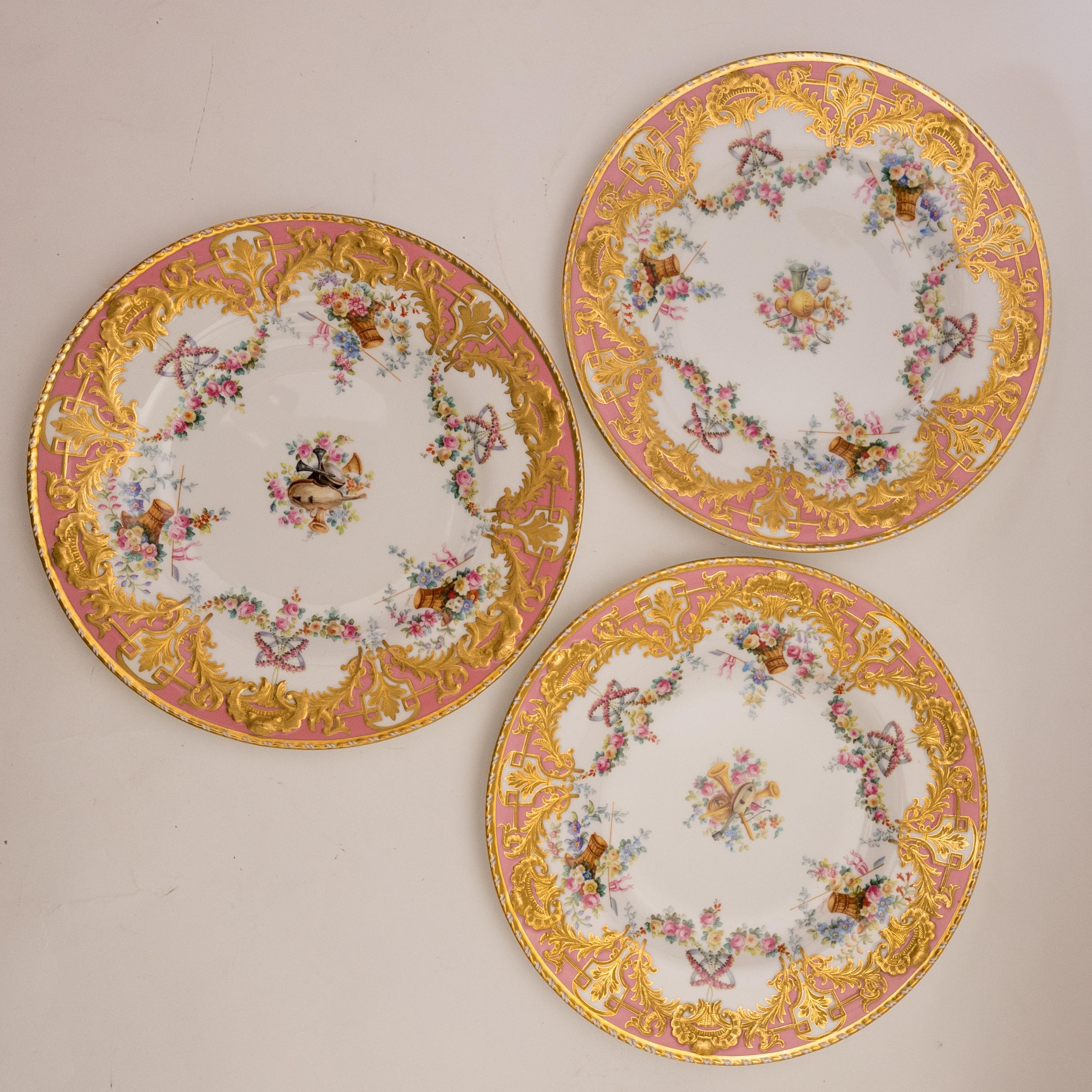 Late 19th Century 12 Exquisite Pink & Raised Gilt Dessert Plates. Antique English, Circa 1890