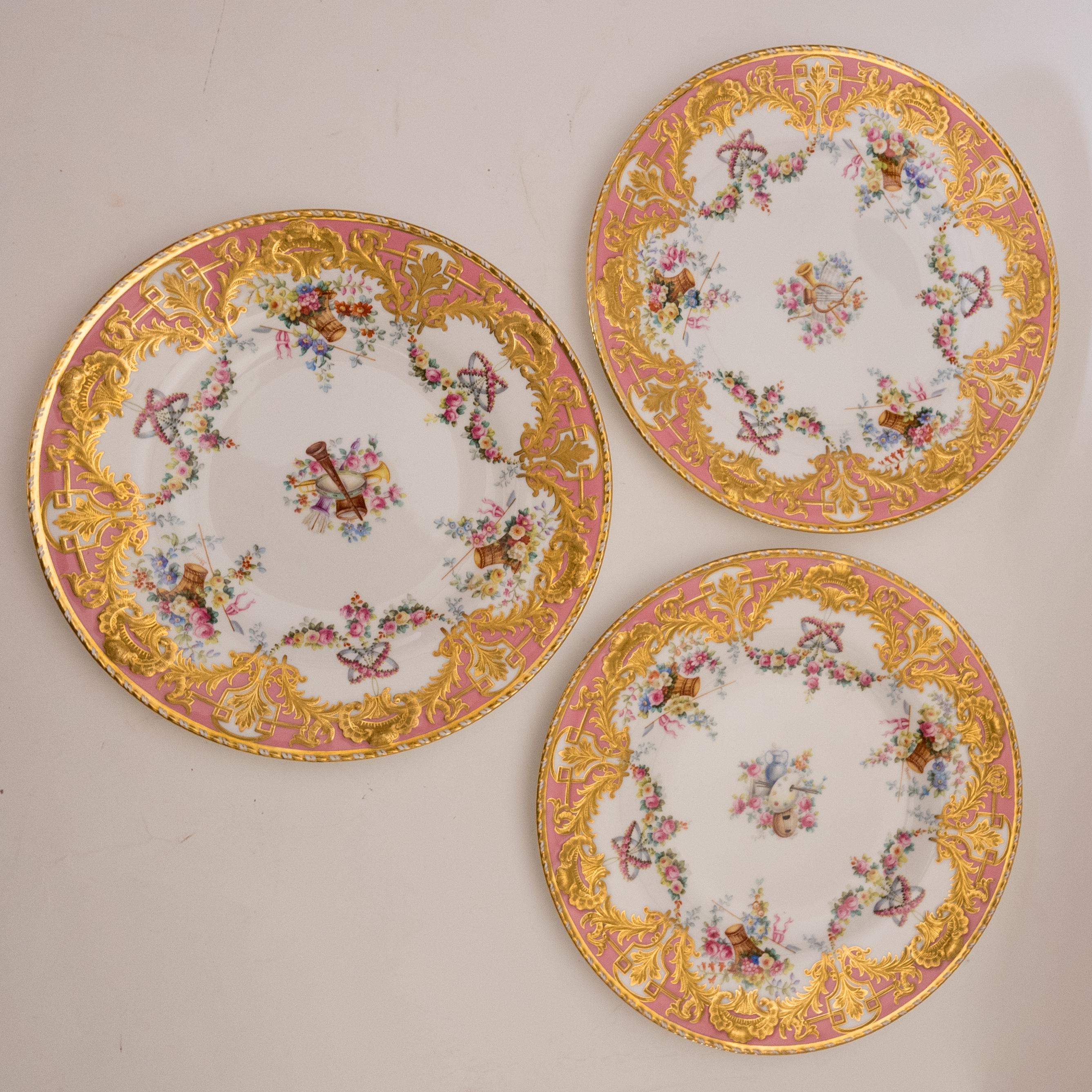 Gold 12 Exquisite Pink & Raised Gilt Dessert Plates. Antique English, Circa 1890