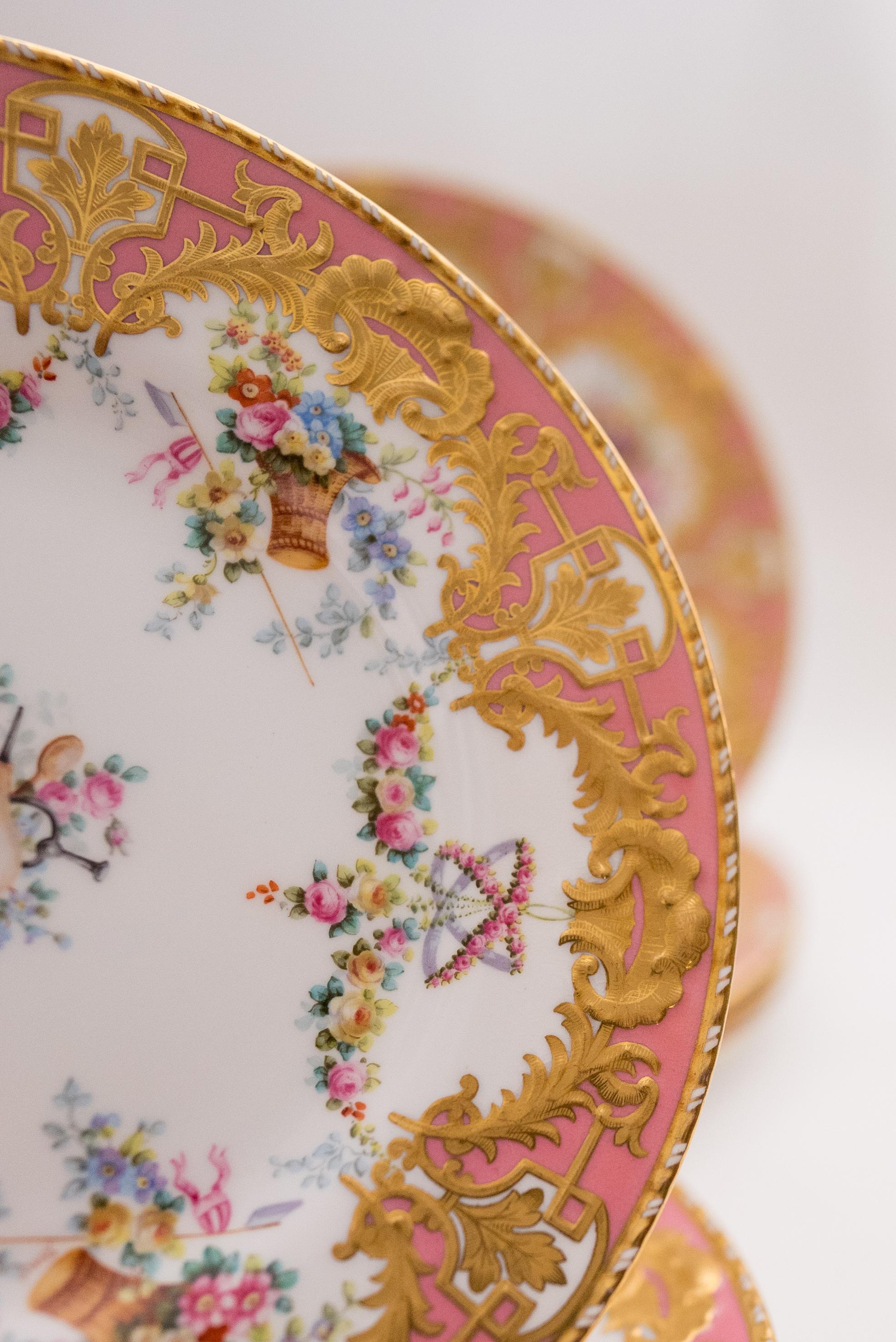 12 Exquisite Pink & Raised Gilt Dessert Plates. Antique English, Circa 1890 1
