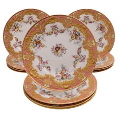 12 Exquisite Pink & Raised Gilt Dessert Plates. Antique English, Circa 1890