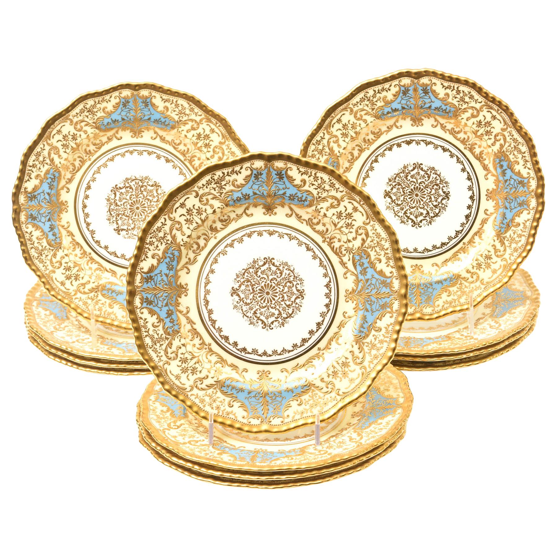 12 Exquisite Turquoise Gilt Encrusted Dessert Plates, Antique English circa 1910