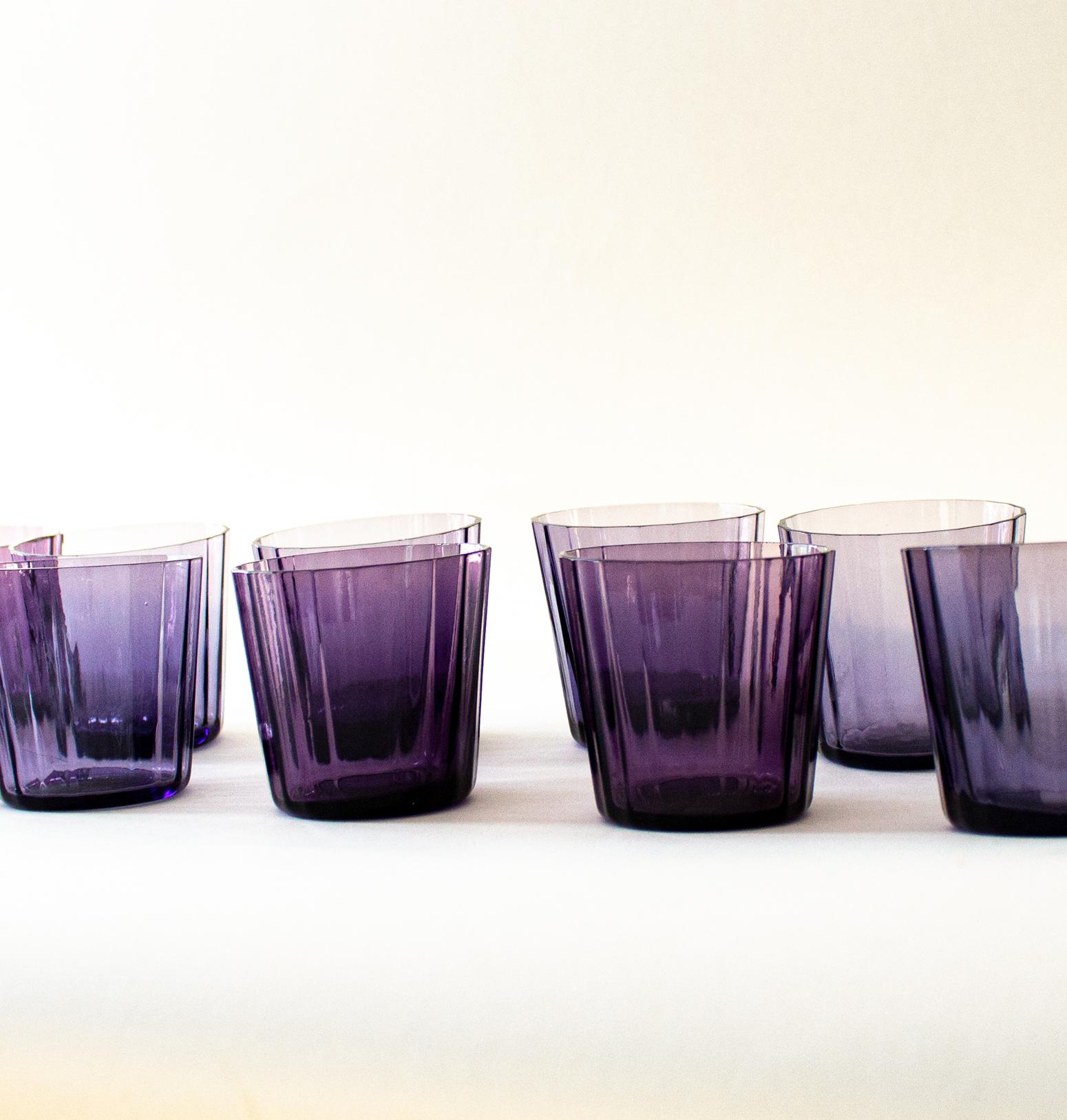 Early 20th Century 12 Facet Swedish Art Deco Sherry Glasses in Lilac and Blue For Sale