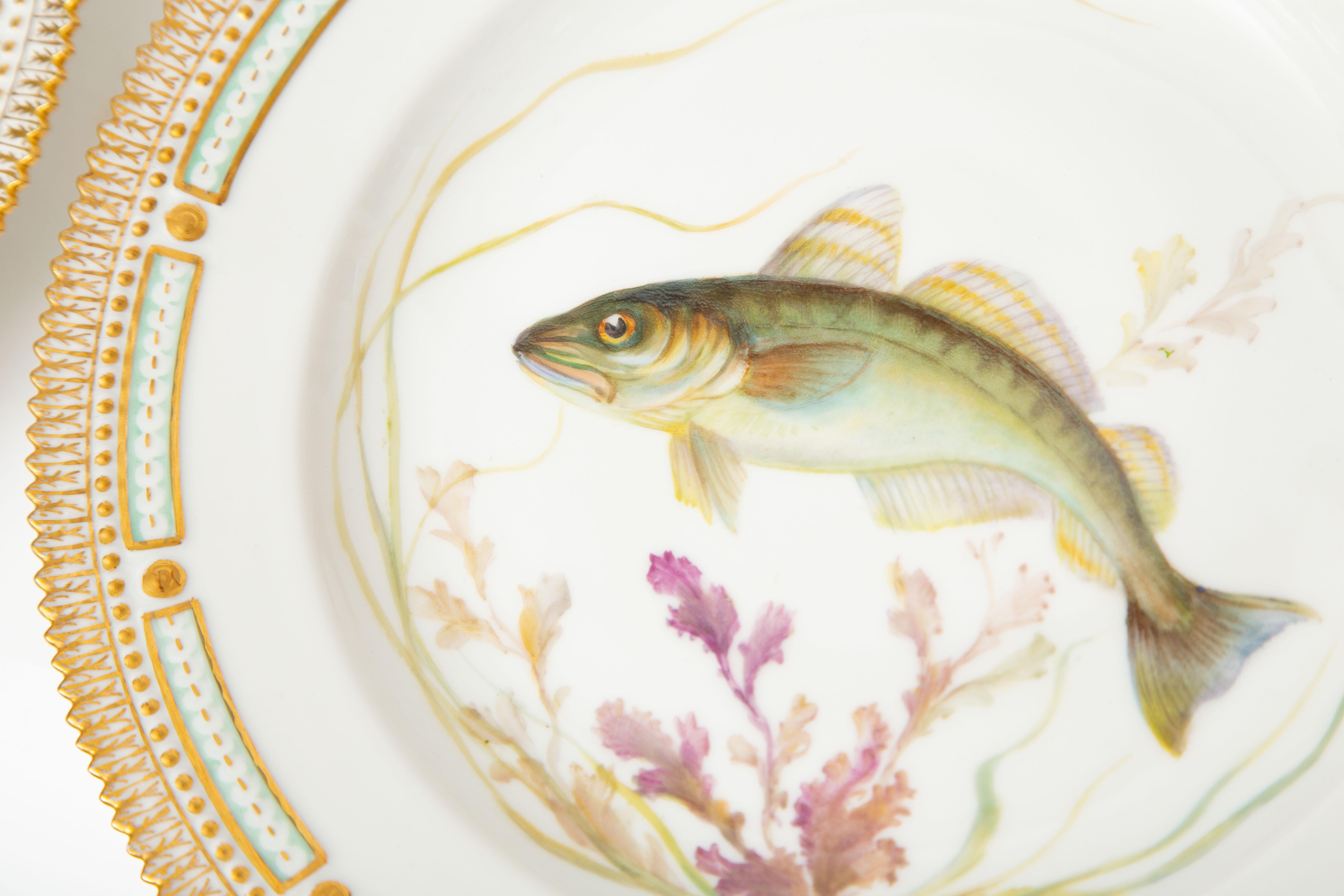 Gold 12 Flora Danica Fish Plates, Vintage and Vibrantly Painted, Royal Copenhagen For Sale