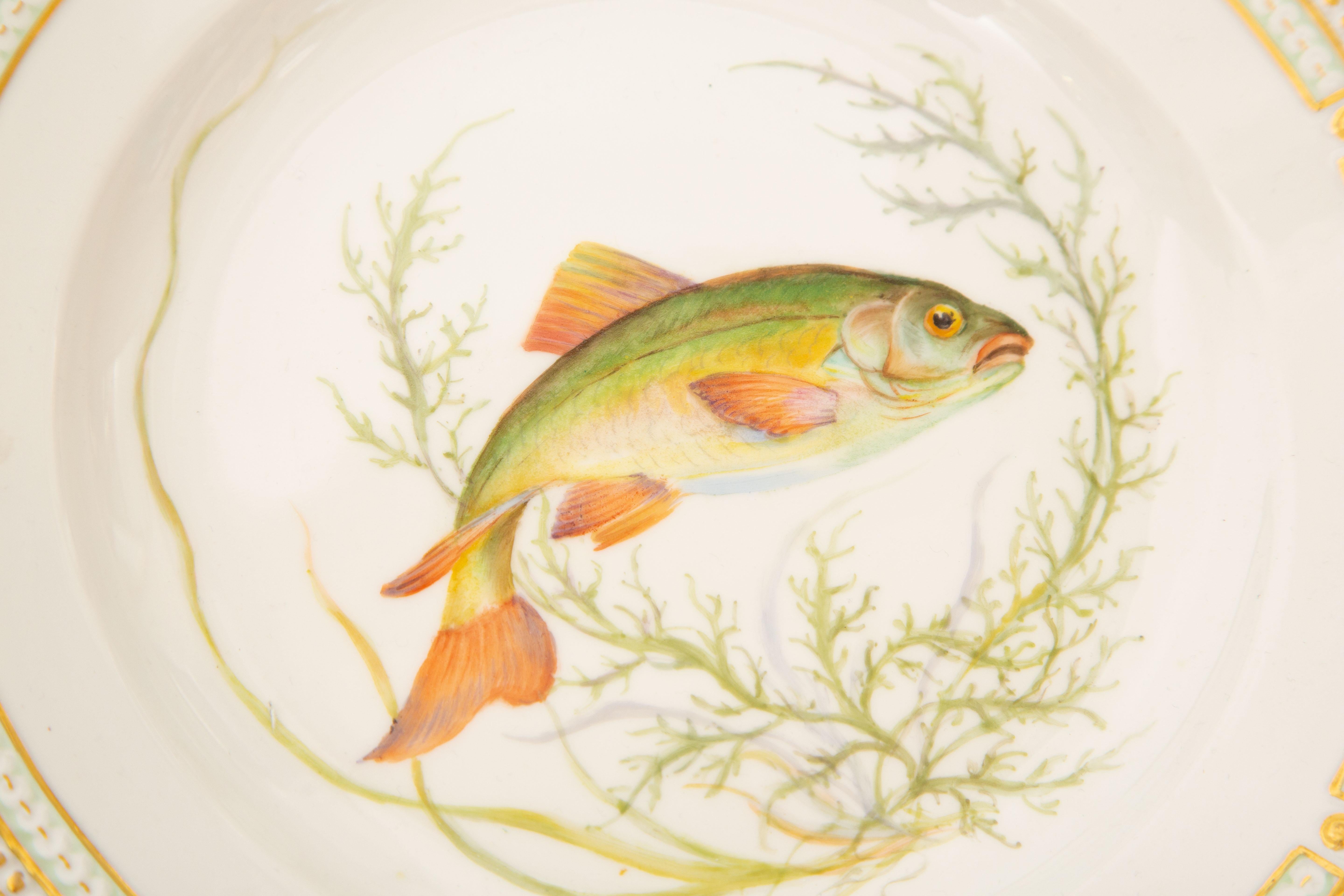 12 Flora Danica Fish Plates, Vintage and Vibrantly Painted, Royal Copenhagen For Sale 1