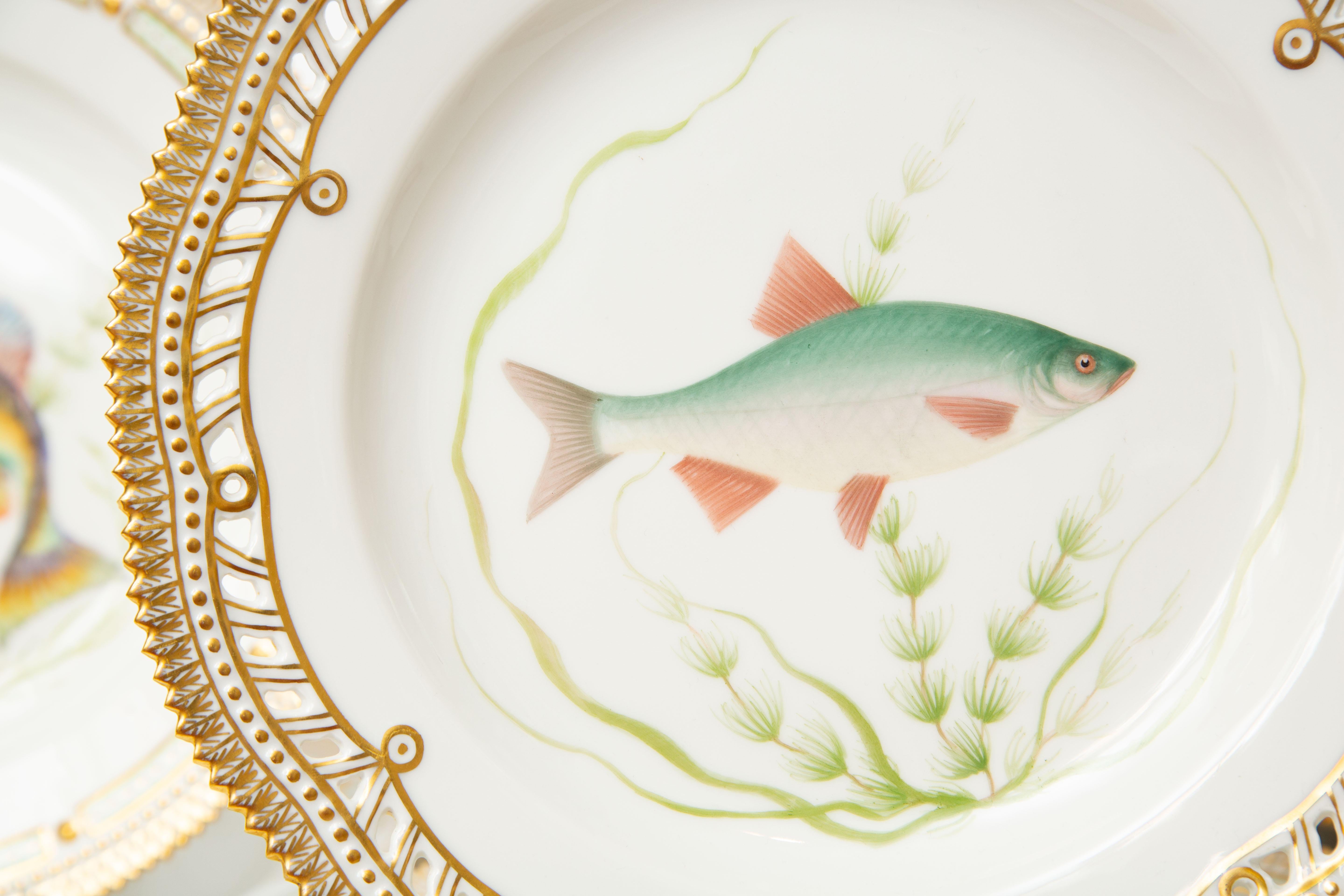 Danois 12 assiettes à poisson Flora Danica, vintage et peintes de manière vibrante, Royal Copenhagen en vente