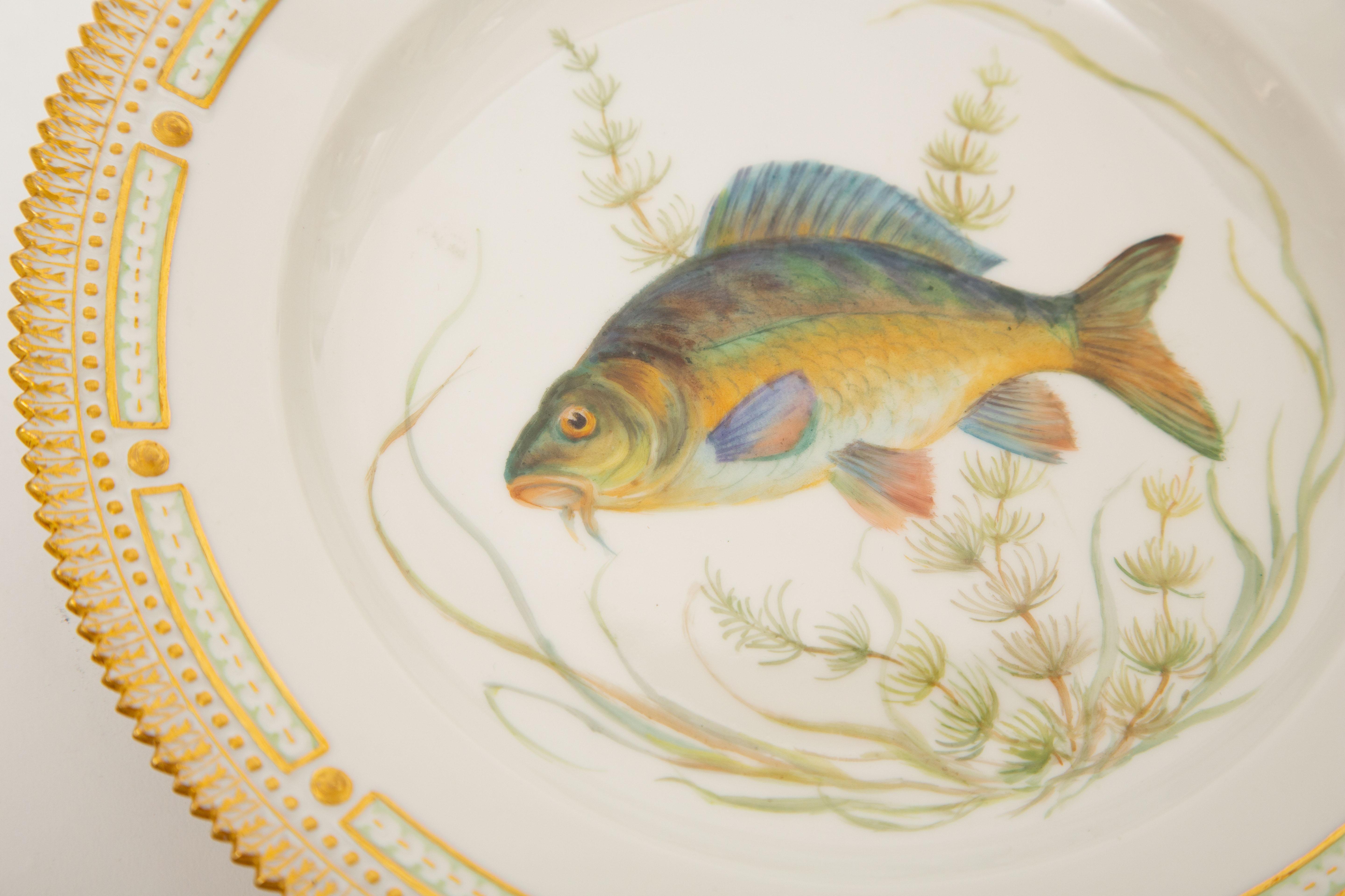 Or 12 assiettes à poisson Flora Danica, vintage et peintes de manière vibrante, Royal Copenhagen en vente