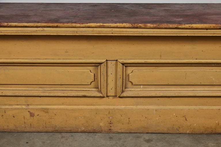North American 12 Foot American General Store Counter Mustard Paint 19th Century For Sale
