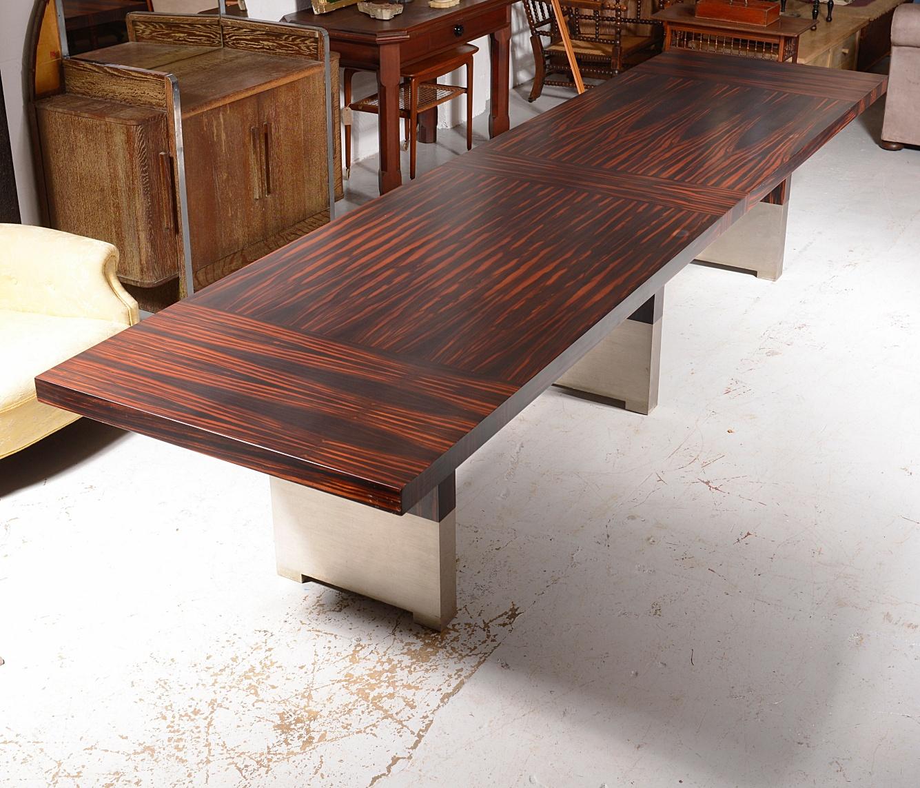 12 Foot Art Deco Style Macassar Ebony and Brushed Aluminium Dining Table In Good Condition In Sherborne, GB