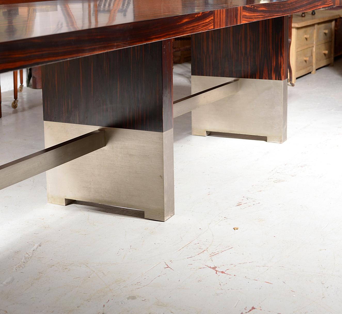 Contemporary 12 Foot Art Deco Style Macassar Ebony and Brushed Aluminium Dining Table