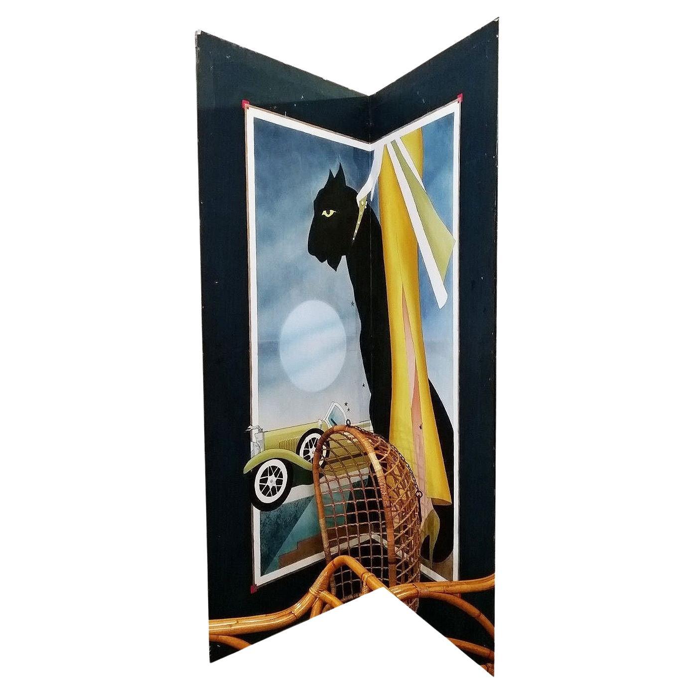 12' Foot Hand Painted Art Deco Damsel & Panther Oil on Canvas Screen For Sale