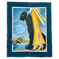 12' Foot Hand Painted Art Deco Damsel & Panther Oil on Canvas Screen
