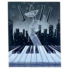 Vintage 11' Foot Hand Painted Jazz Cityscape Oil on Canvas Screen
