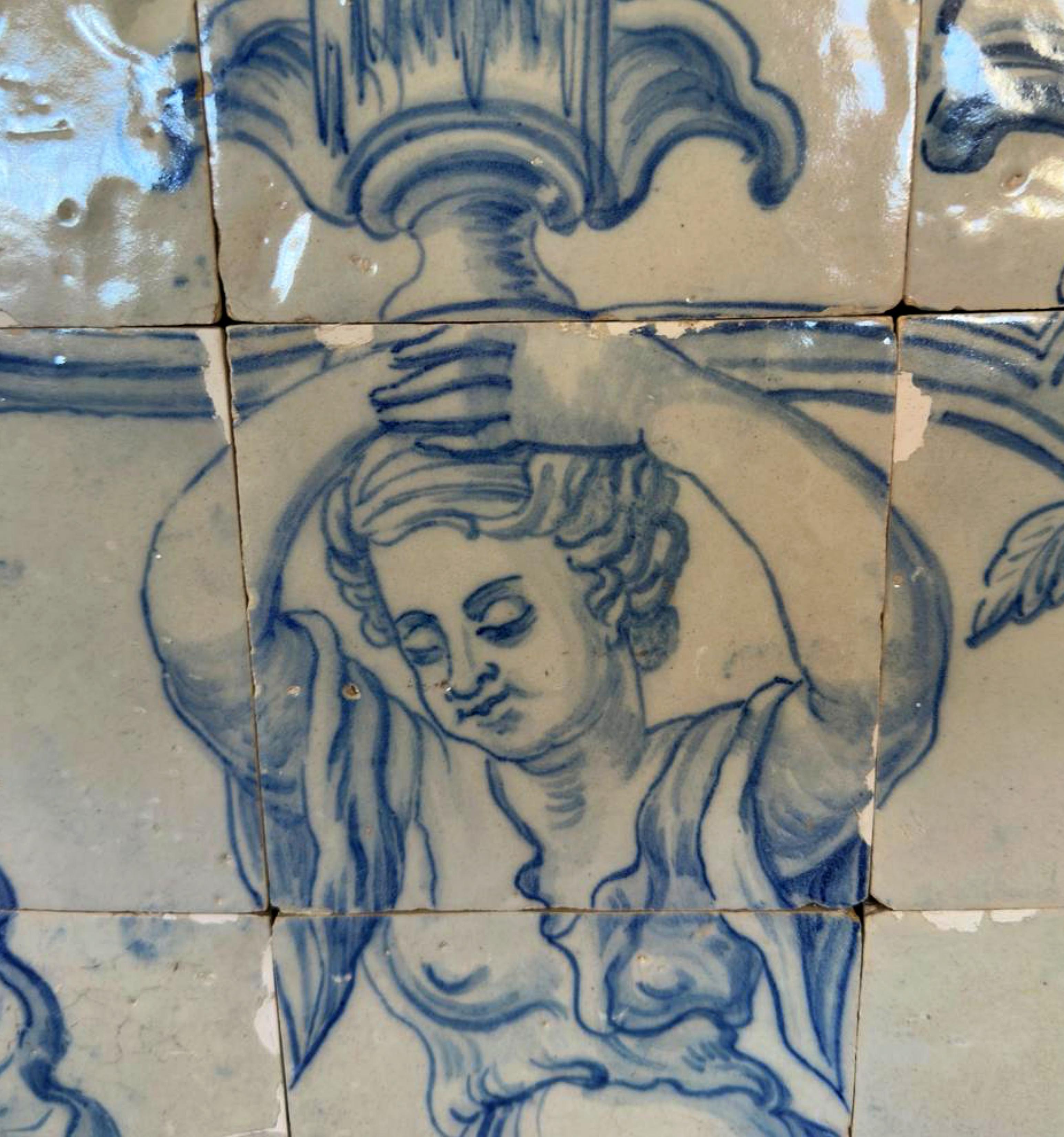Baroque (12) Four Portuguese Tiles 17th Century (1630/1680) Very Rare Collectible For Sale