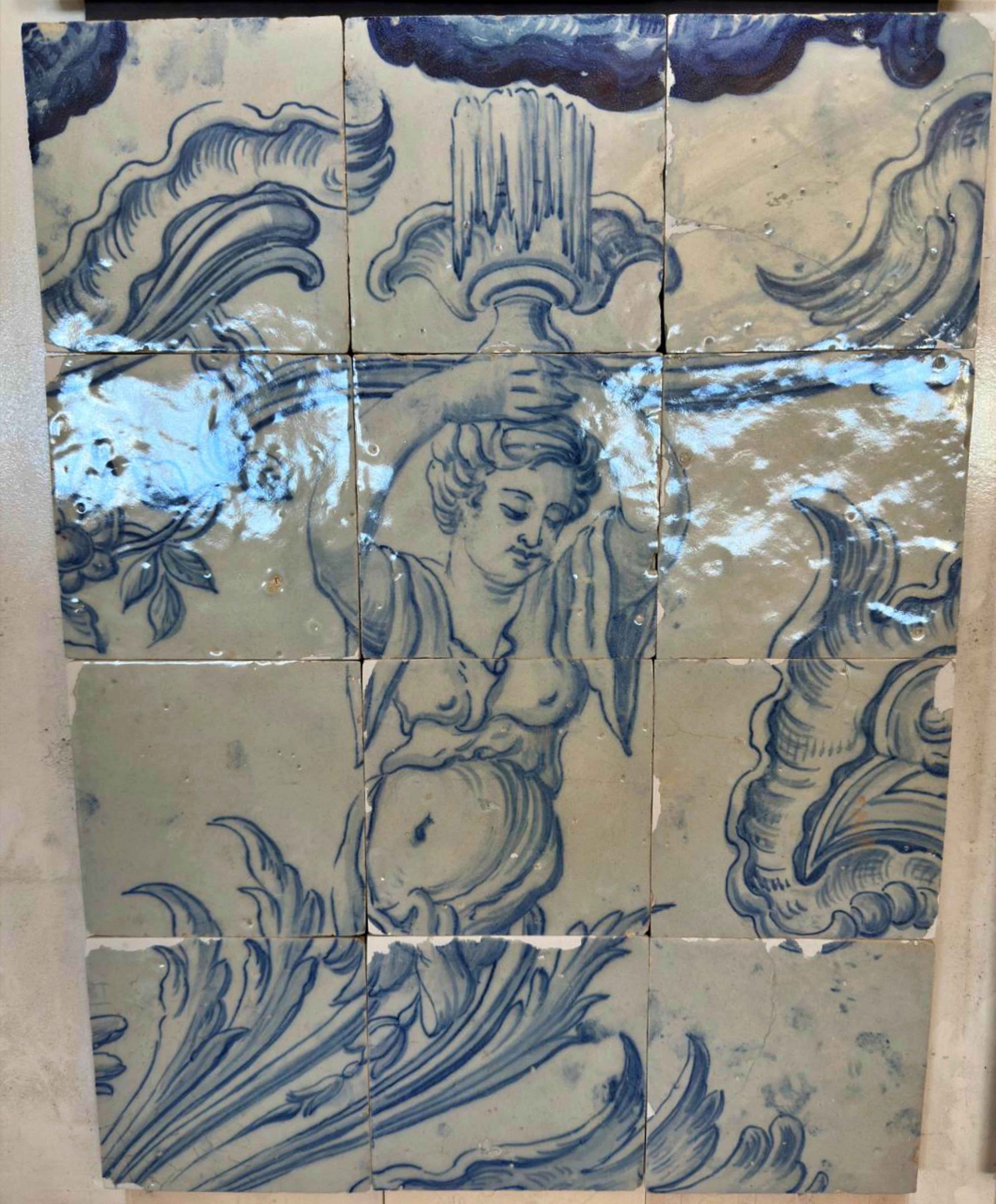 Hand-Crafted (12) Four Portuguese Tiles 17th Century (1630/1680) Very Rare Collectible For Sale