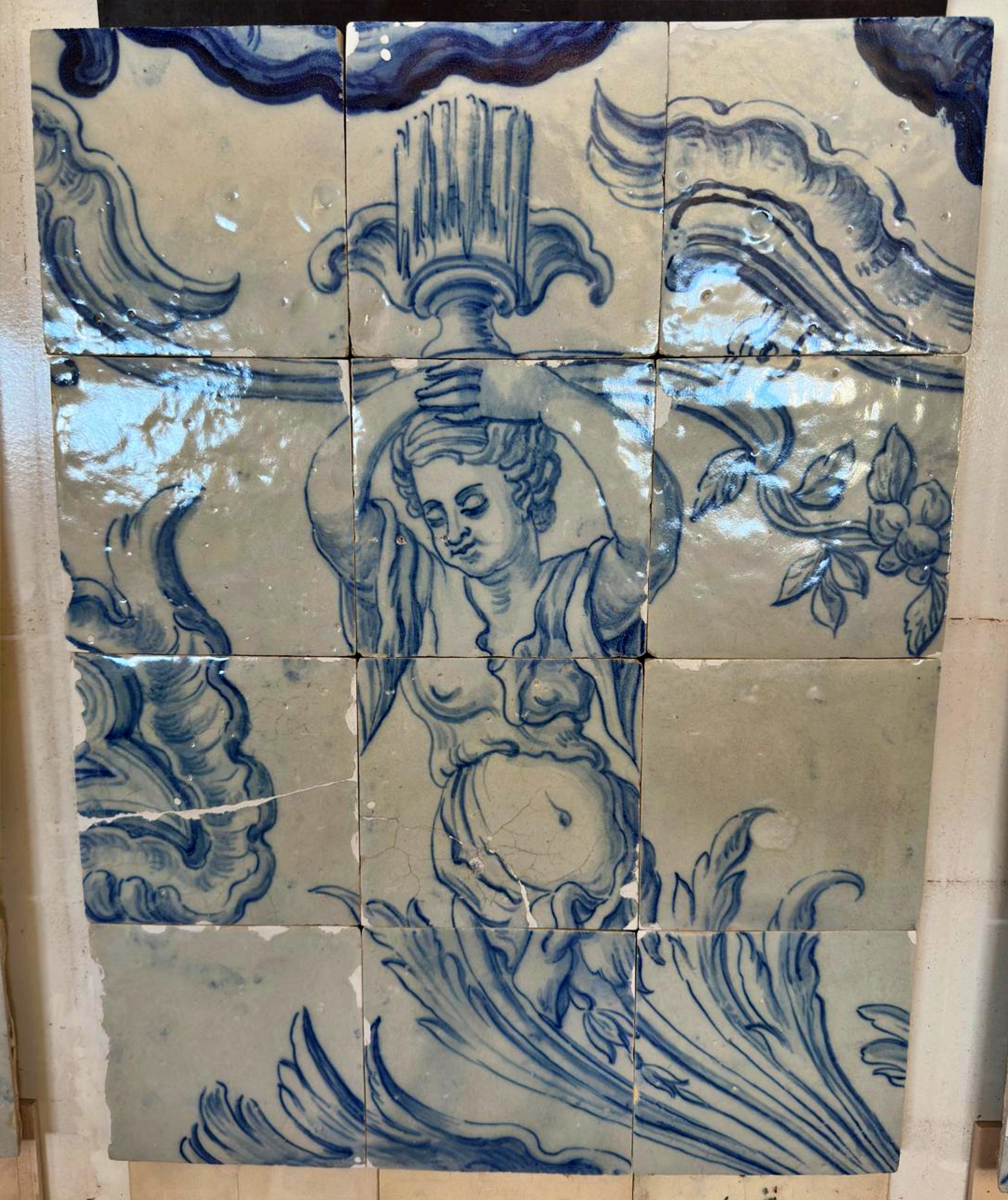 Hand-Crafted (12) Four Portuguese Tiles 17th Century (1630/1680) Very Rare Collectible For Sale