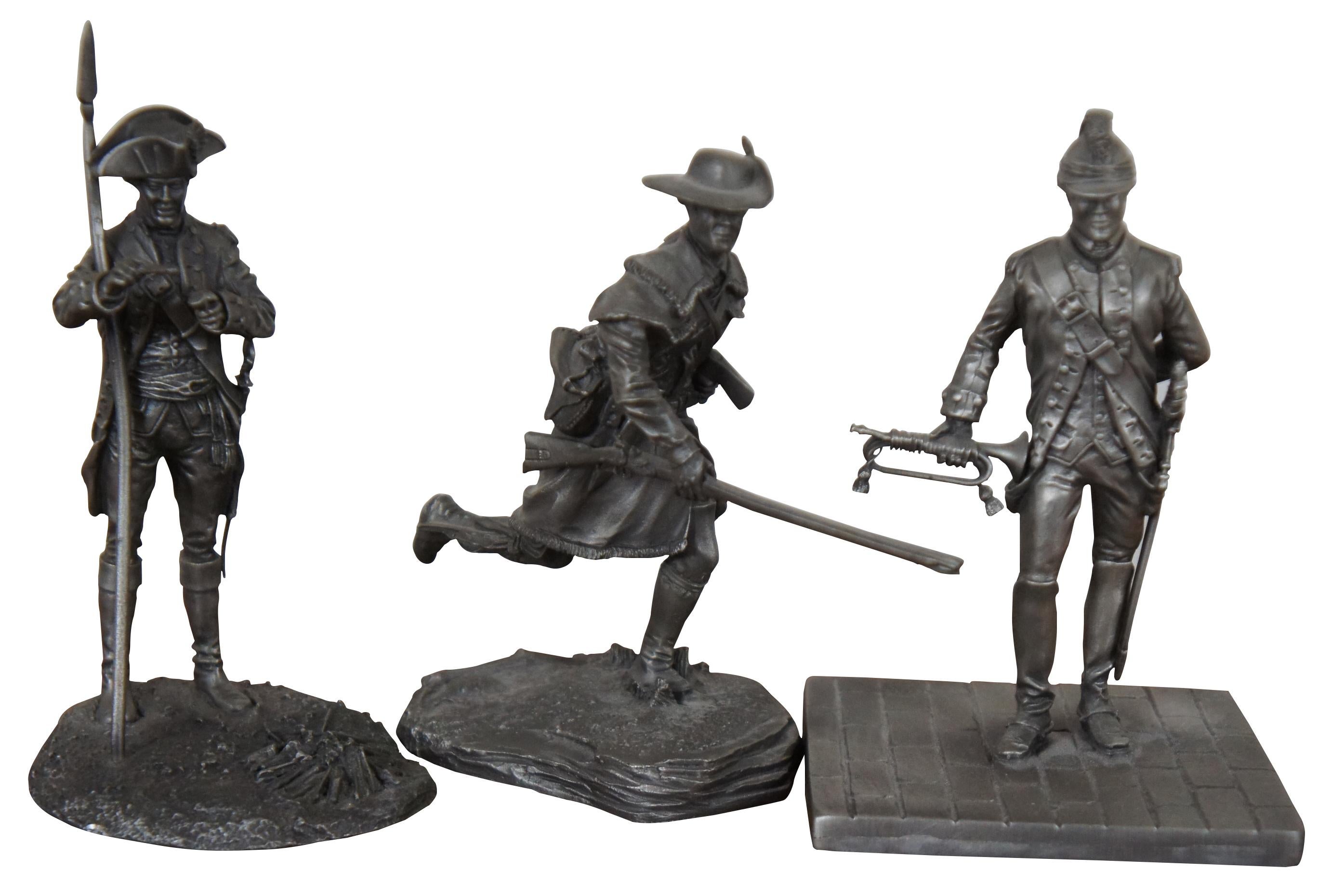 Set of twelve vintage 1970’s pewter American Revolution soldiers produced by The Franklin Mint. Set includes Private - 3rd North Carolina Regiment, Artilleryman - Rhode Island Train of Artillery, Private - Green Mountain Rangers of New Hampshire,