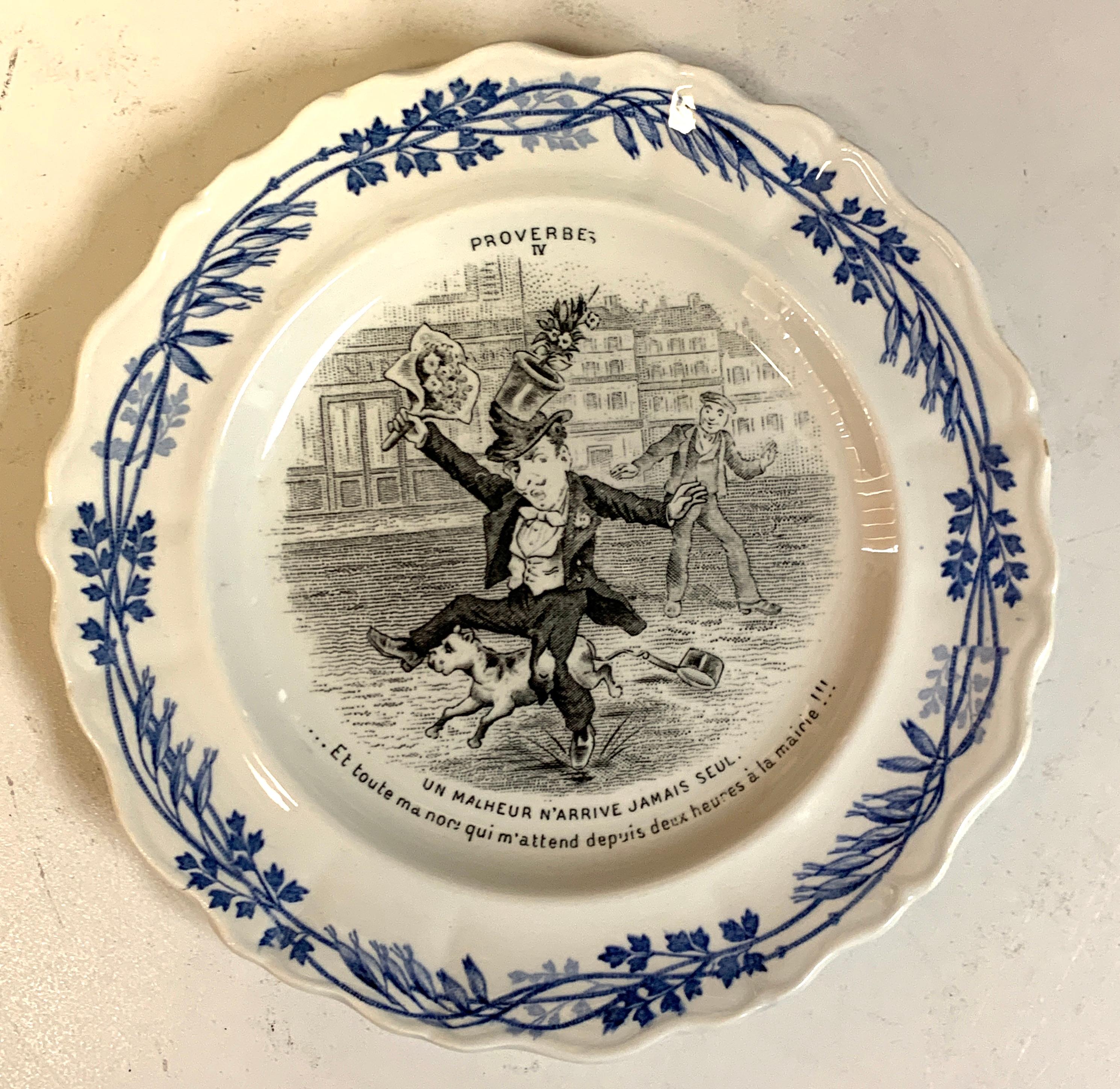 19th Century 12 French Amusing/ Risque Proverb Terre De Fer Plates by Creil & Montereau