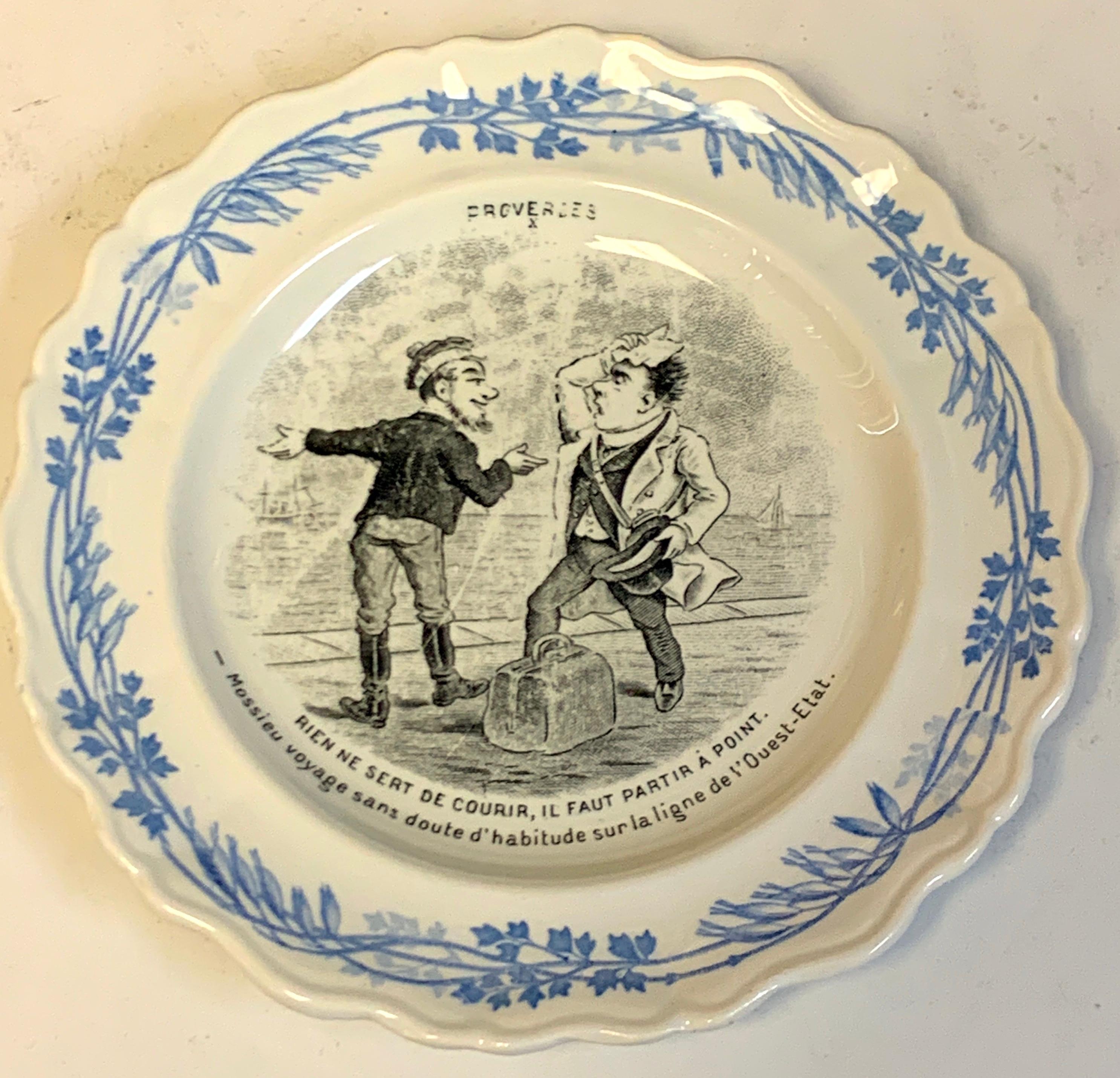 12 French Amusing/ Risque Proverb Terre De Fer Plates by Creil & Montereau 1