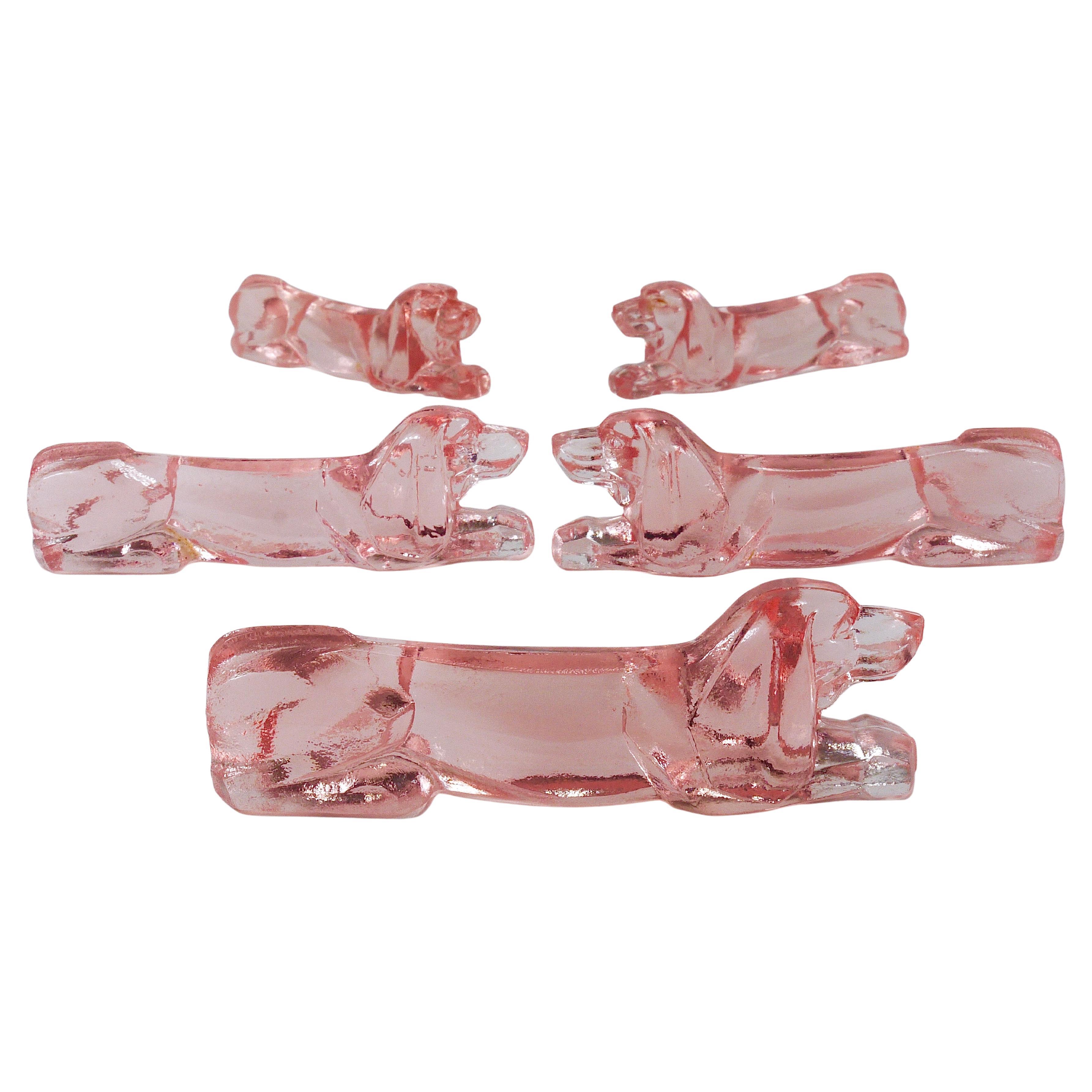 12 French Art Deco Dachshund Basset Hound Knife Rests, Rosé Glass, France, 1930s