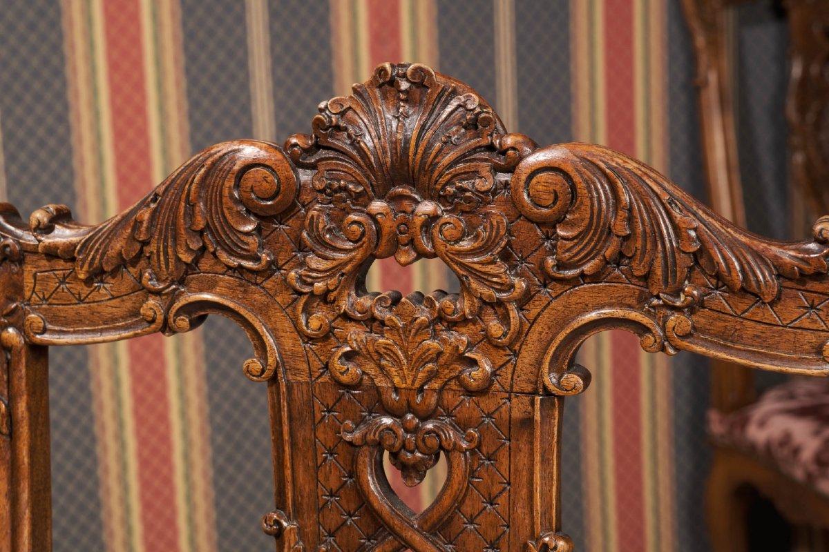 Luigi XV 12 sedie da pranzo francesi, fine XIX secolo, legno intagliato e tappezzeria Oris in vendita