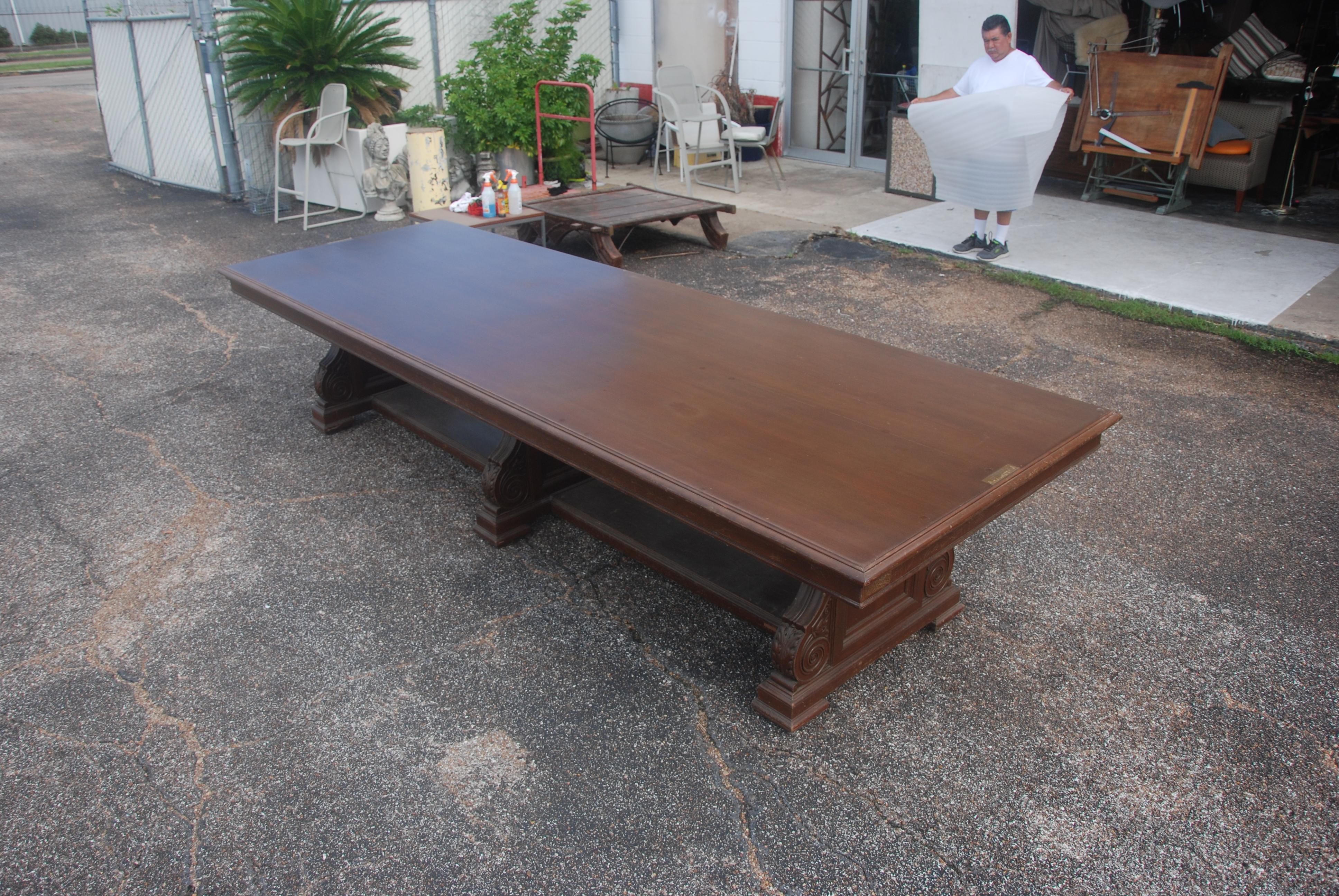 Antique 12 Ft. Roxana Petroleum Corporation Oak Conference Table
1900s

This magnificent table is constructed from solid oak and features three hand carved oak pedestal legs with intricate motifs and scroll work. 

The Royal Dutch/Shell Group began