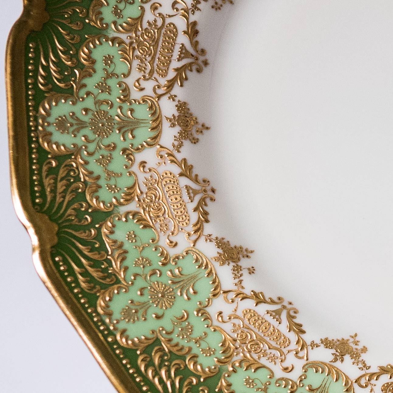 Art Nouveau 12 Gilt Encrusted Antique Dinner Plates, Rare 2 Color Green with, England C 1910