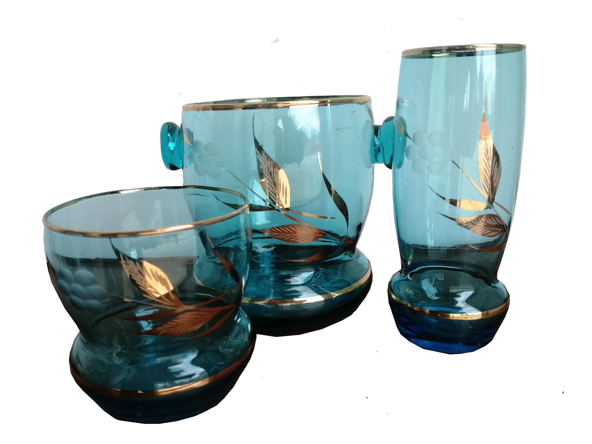 12 Glasses & Ice Bucket Blue and  Gold Crystal  Art Deco For Sale 2