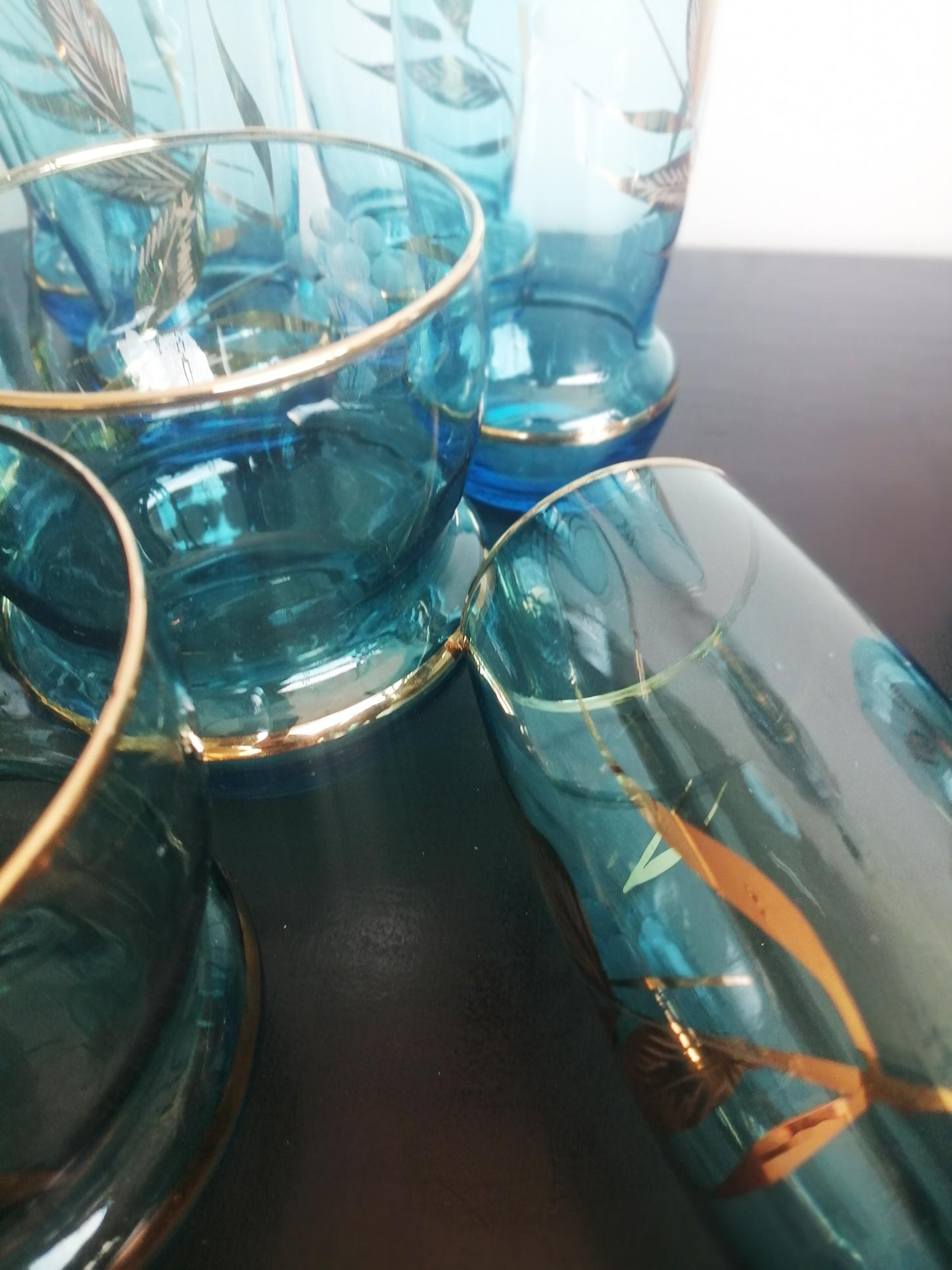 12 Glasses & Ice Bucket Blue and  Gold Crystal  Art Deco For Sale 3