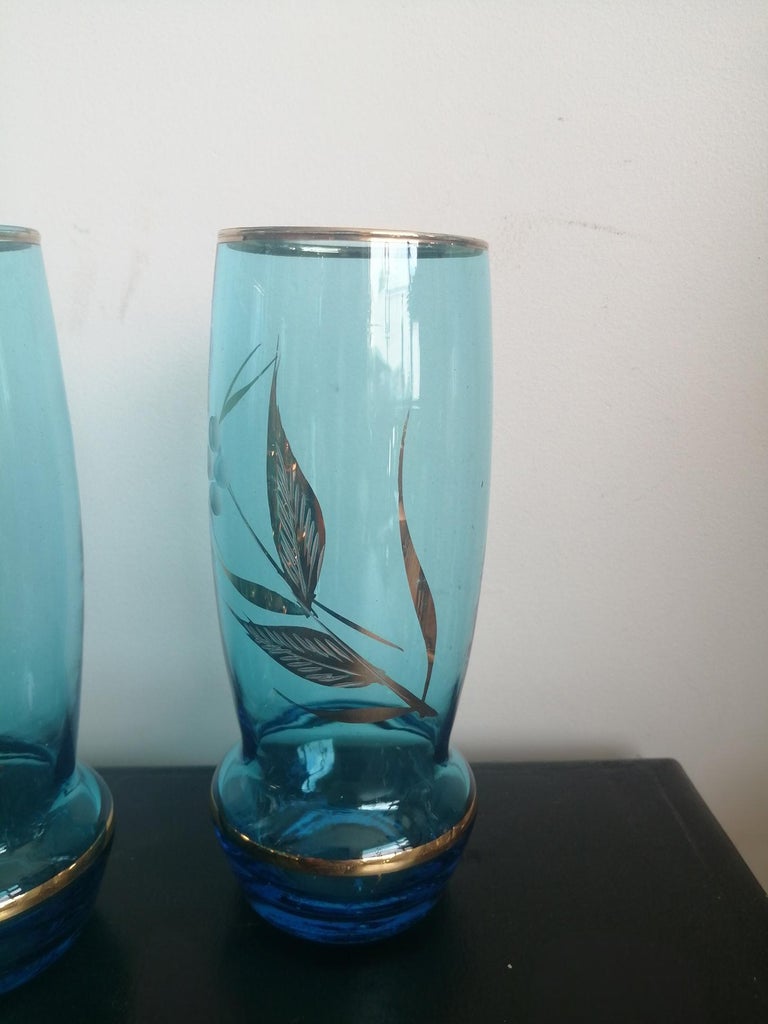 12 Glasses and Ice Bucket Blue and Gold Crystal Art Deco For Sale at