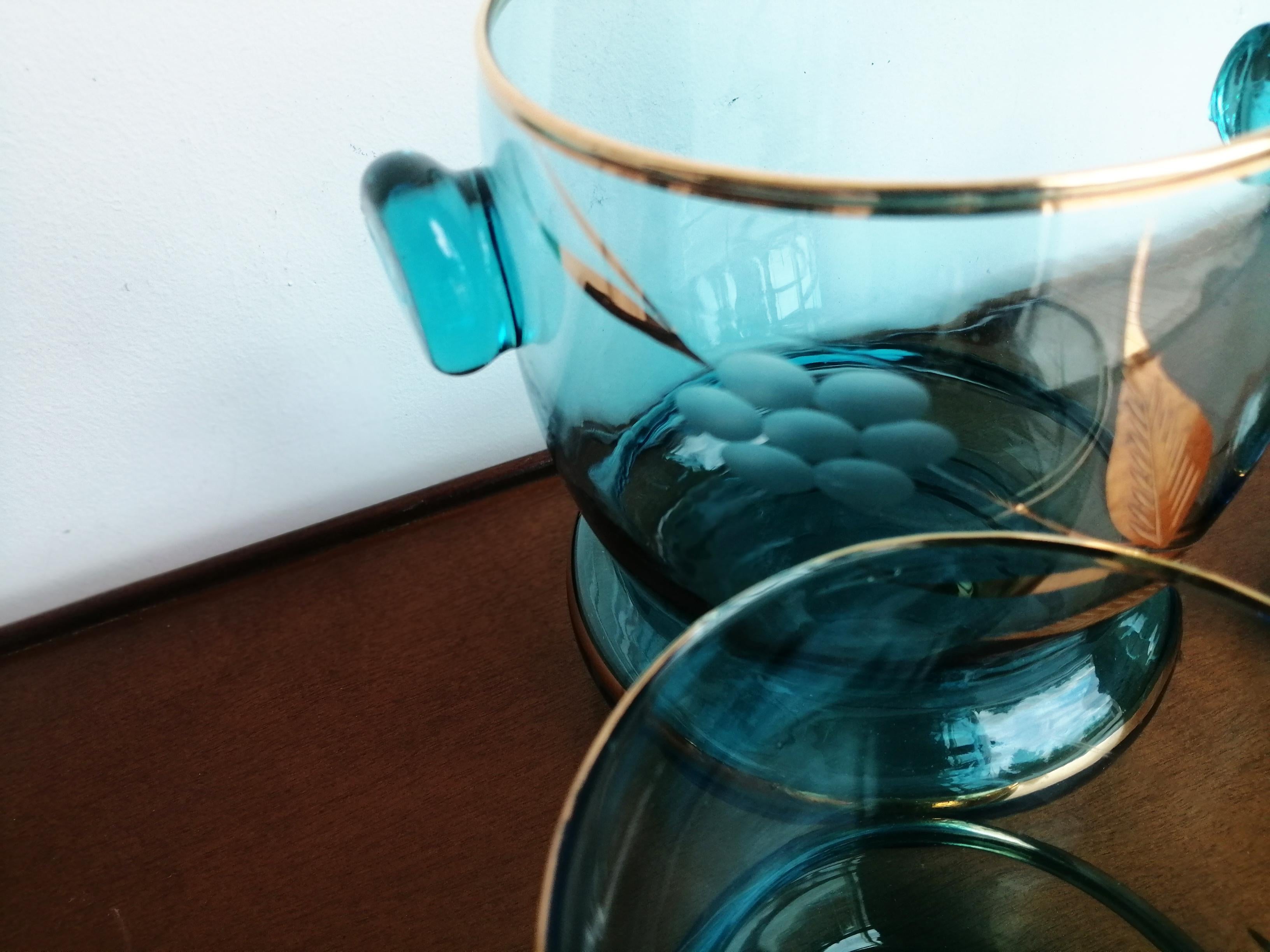 12 Vasos y Cubitera Azul y  Cristal dorado  Art Déco en venta 7