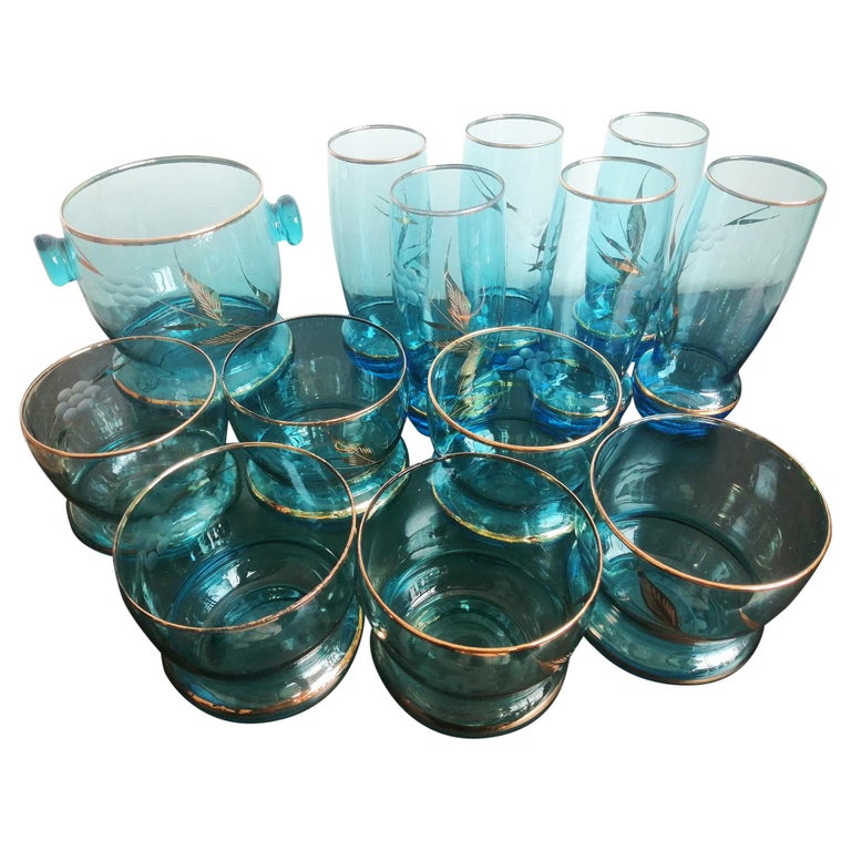12 Glasses and Ice Bucket Blue and Gold Crystal Art Deco For Sale at